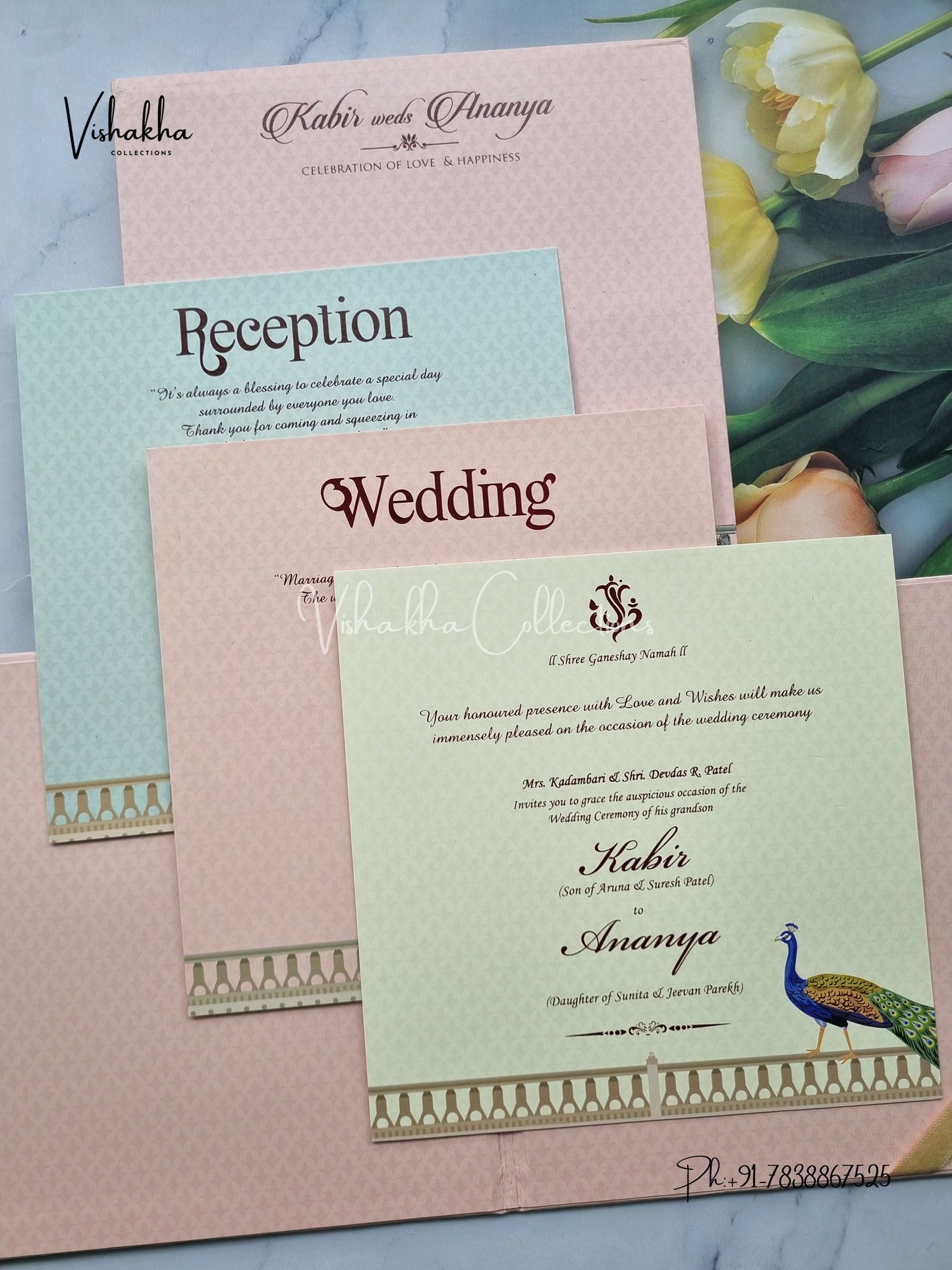 Peacock Hindu Muslim Christian Jain Sikh Padded MDF Board Laser Cut peach Colored invitation Cards SK-3401