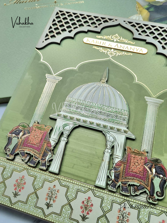 Hathi Hindu Muslim Christian Sikh Padded MDF Board Laser Cut light green Colored invitation Cards SK-3404