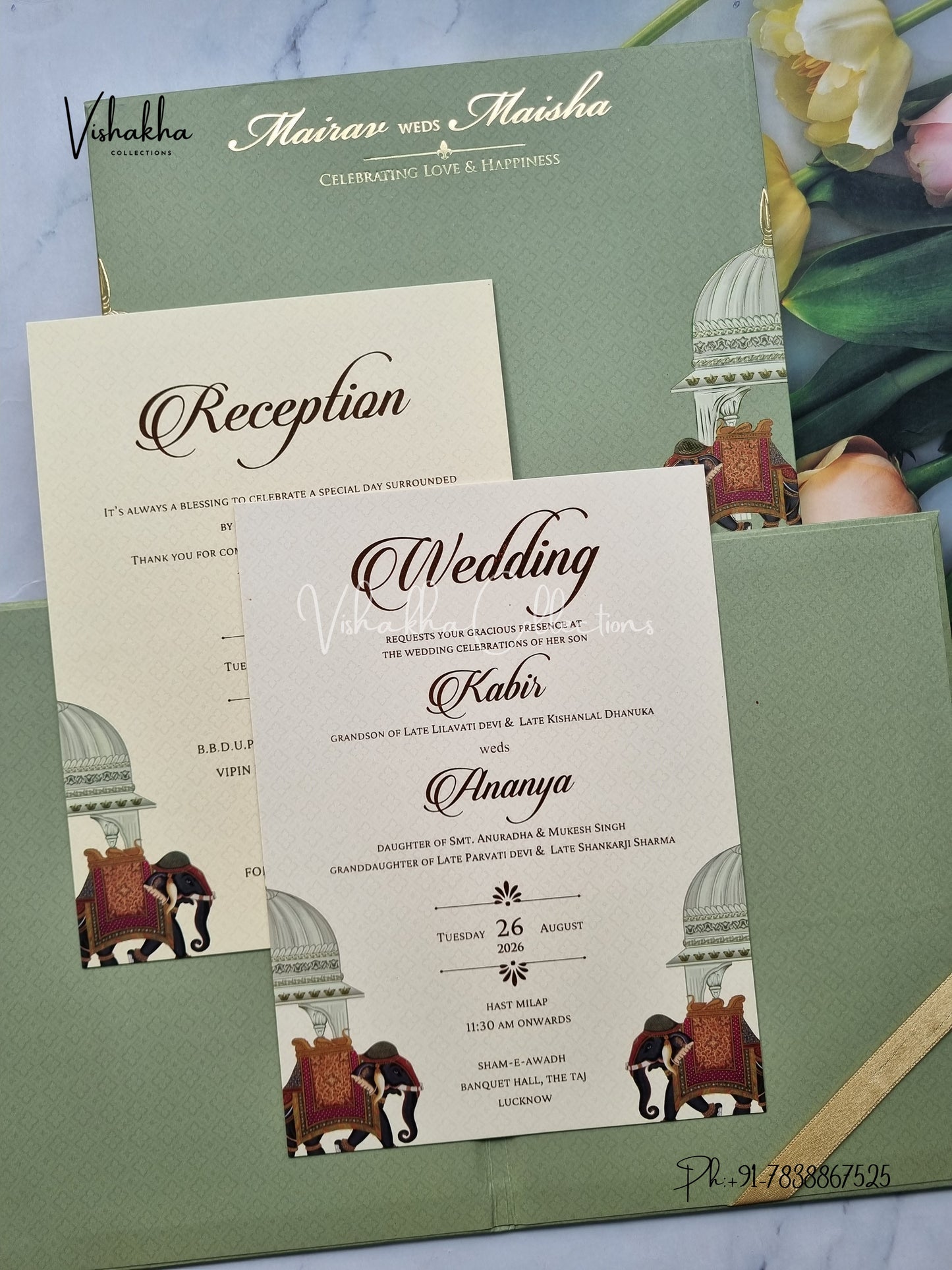 Hathi Hindu Muslim Christian Sikh Padded MDF Board Laser Cut light green Colored invitation Cards SK-3404