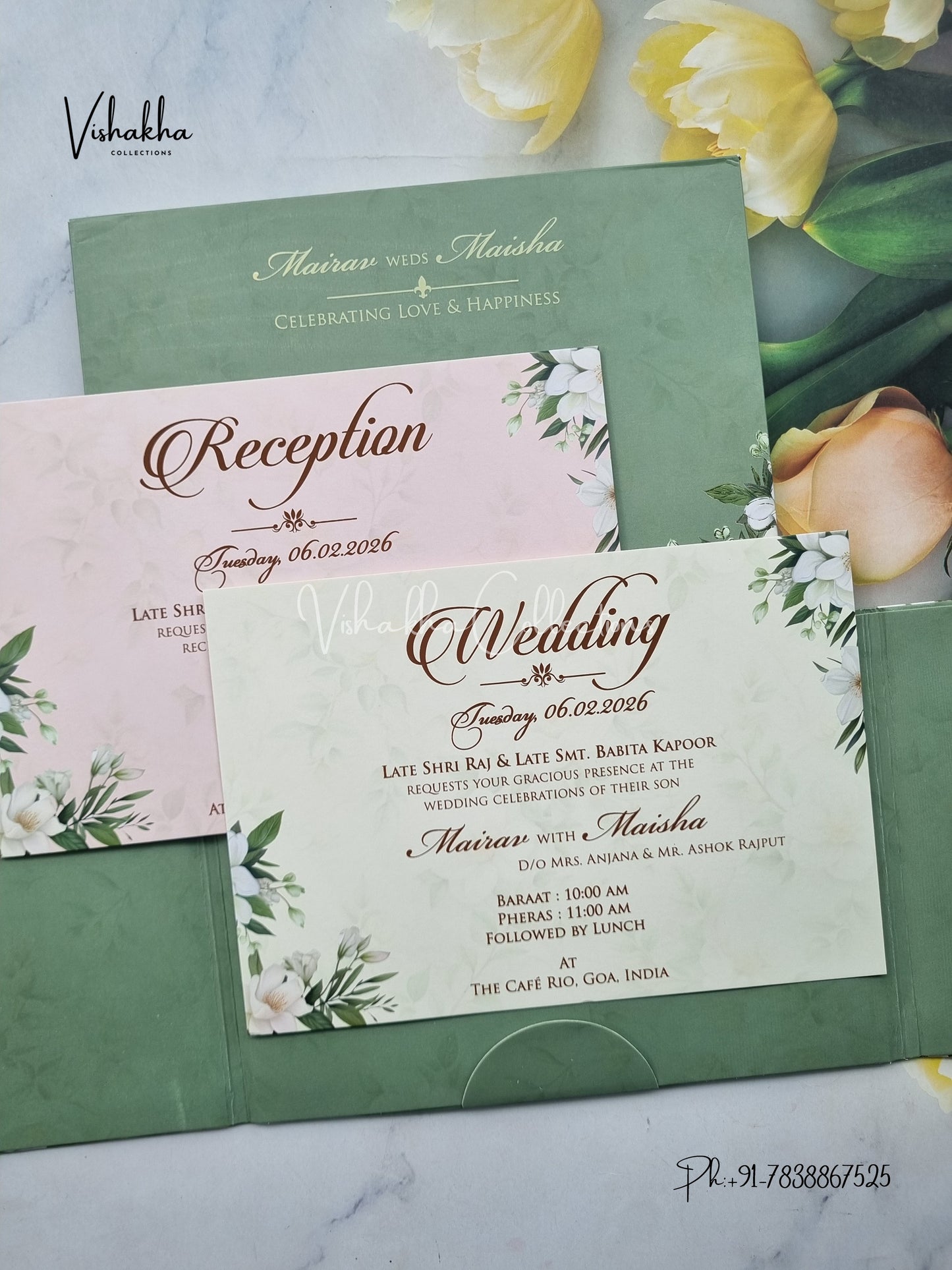 Semi Box Flower Double Door Hindu Muslim Christian Sikh green Colored invitation Cards SK-3408