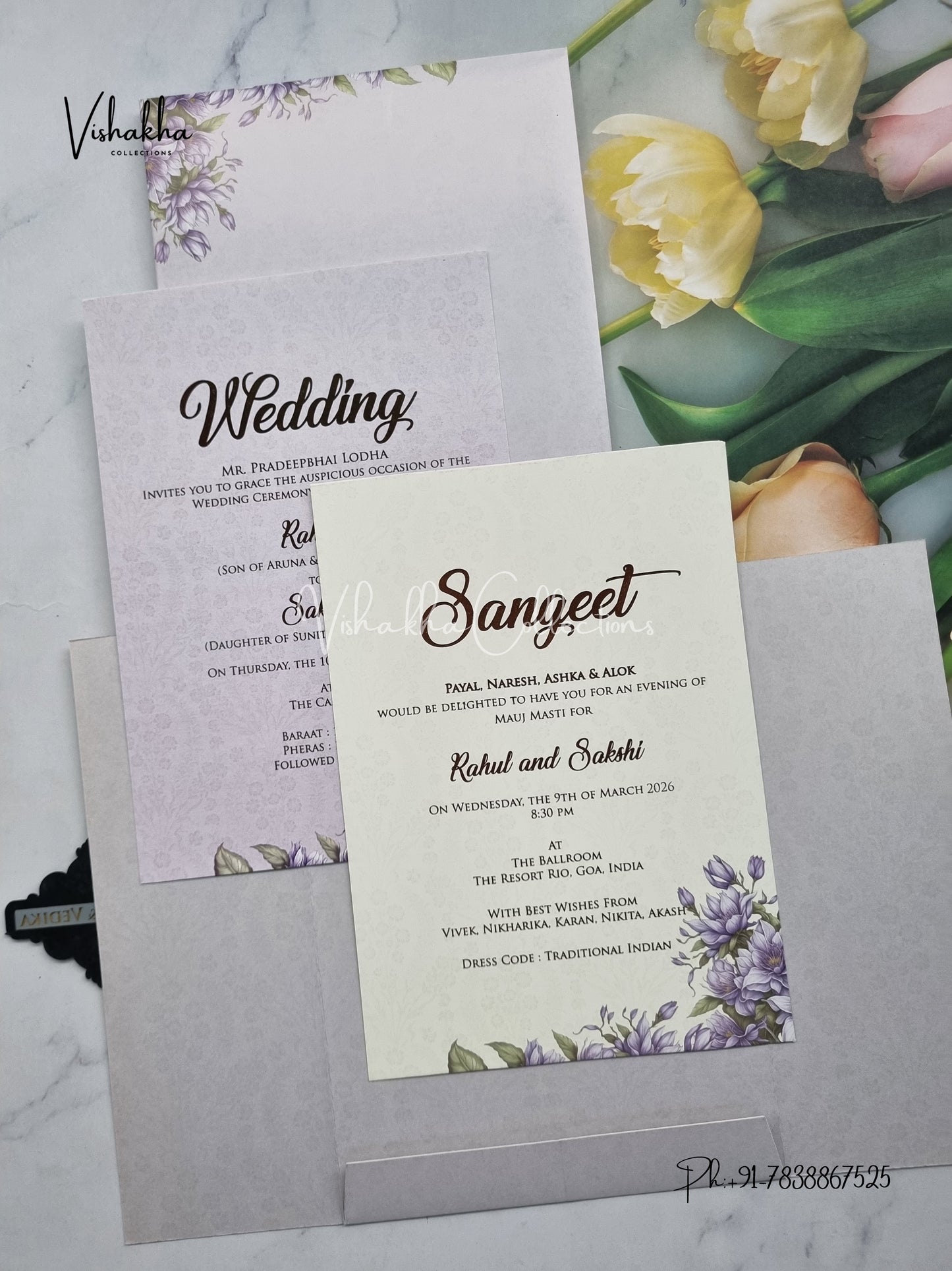 Flower Double Door Hindu Muslim Christian Sikh light brown Colored invitation Cards SK-3411