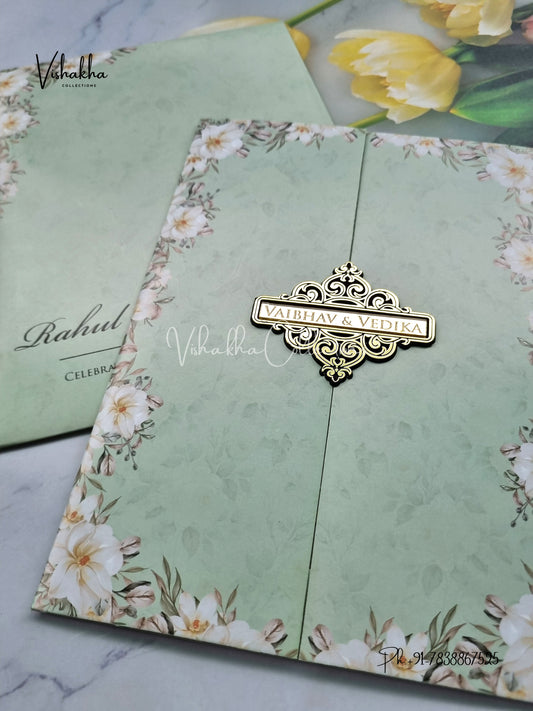 Flower Double Door Hindu Muslim Christian Sikh pista green Colored invitation Cards SK-3413
