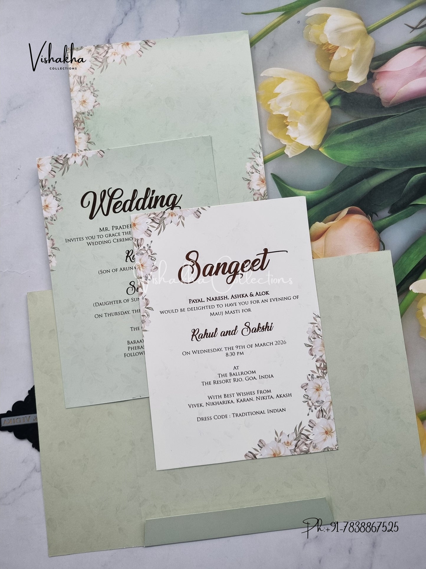 Flower Double Door Hindu Muslim Christian Sikh pista green Colored invitation Cards SK-3413