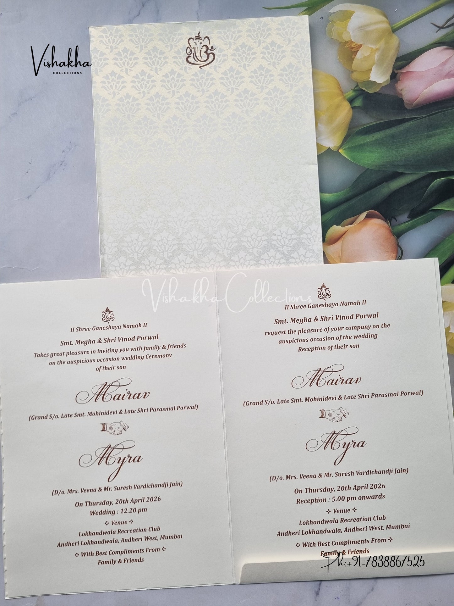 Semi Box Ganesh Ji Hindu white Colored invitation Cards SK-3422