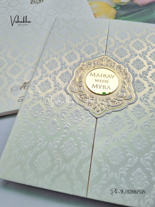 Semi Box Double Door Hindu Muslim Christian Sikh Padded white Colored invitation Cards SK-3430