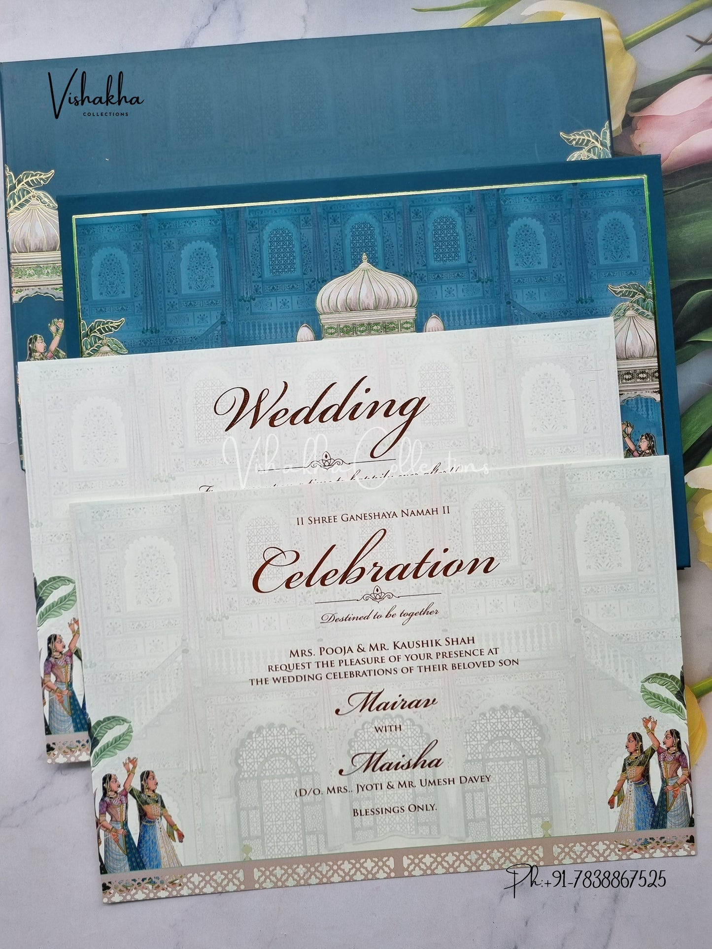 Hindu Muslim Christian Sikh Padded sea green Colored invitation Cards SK-3448