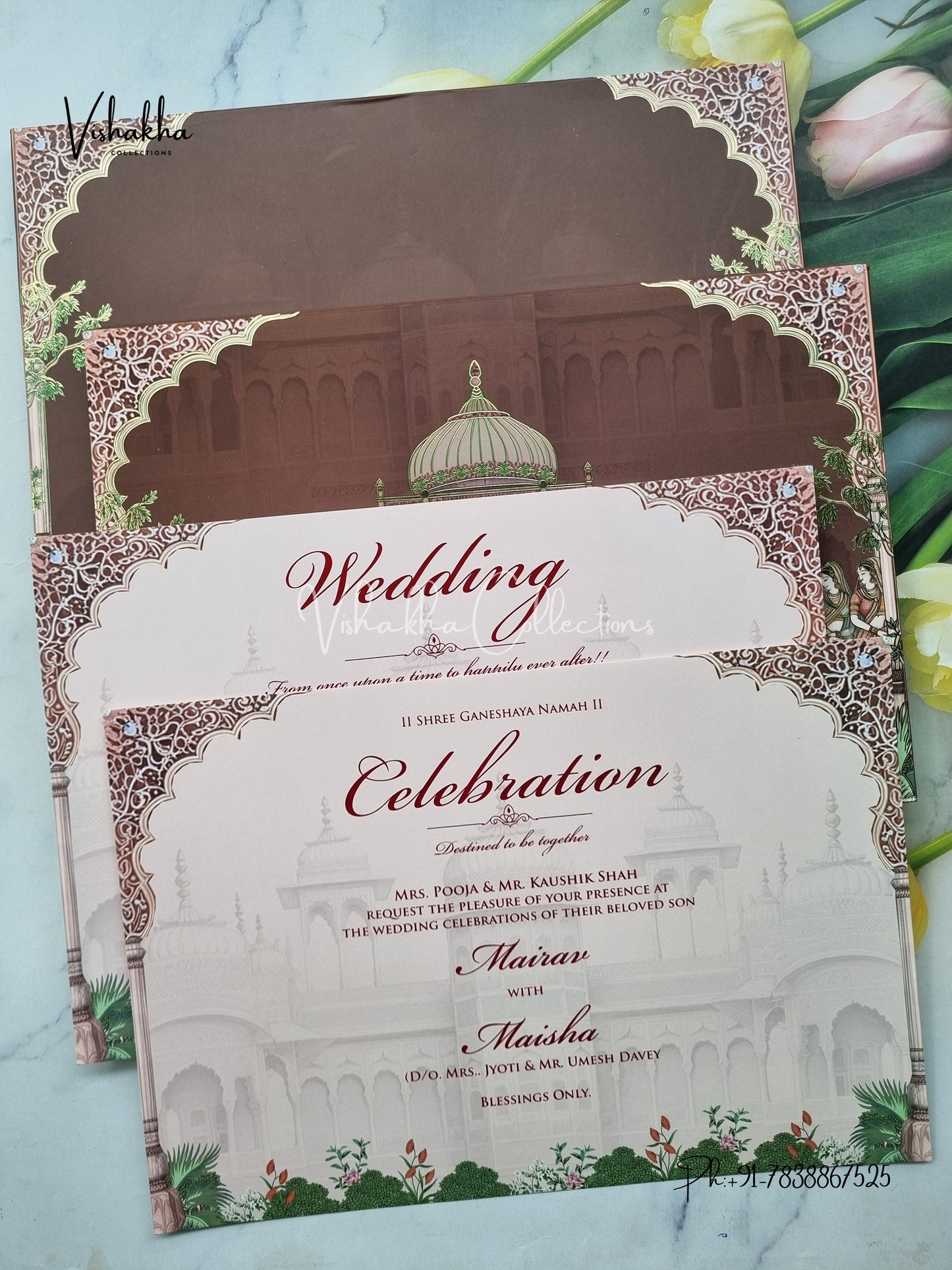 Hindu Muslim Christian Sikh Padded MDF Board Laser Cut dark brown Colored invitation Cards SK-3449