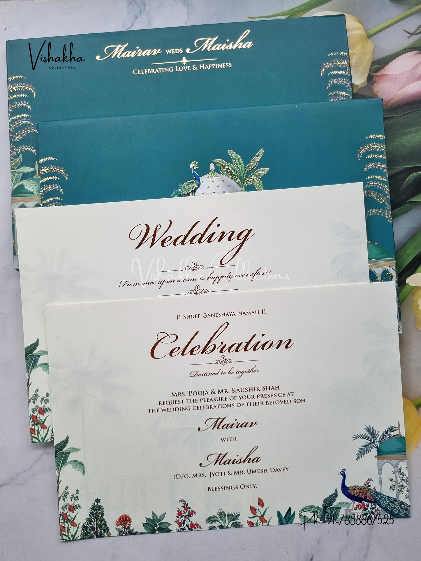 Peacock Hindu Muslim Christian Sikh Padded teal green Colored invitation Cards SK-3450