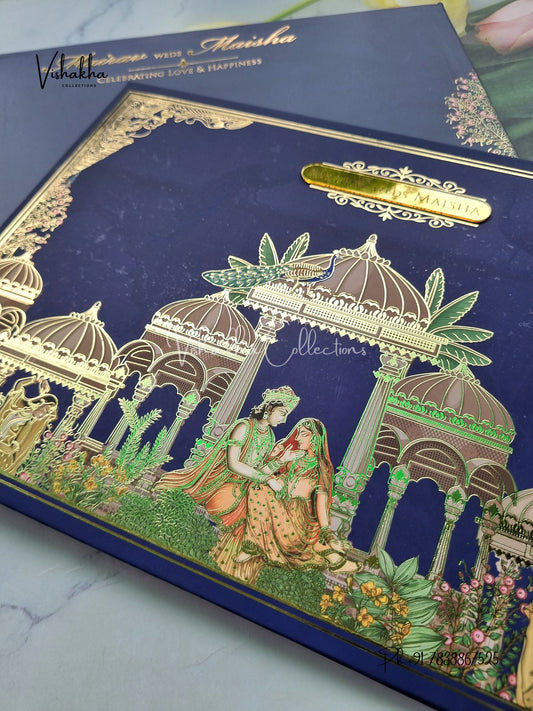 Peacock Hindu Muslim Christian Sikh Padded navy blue Colored invitation Cards SK-3452