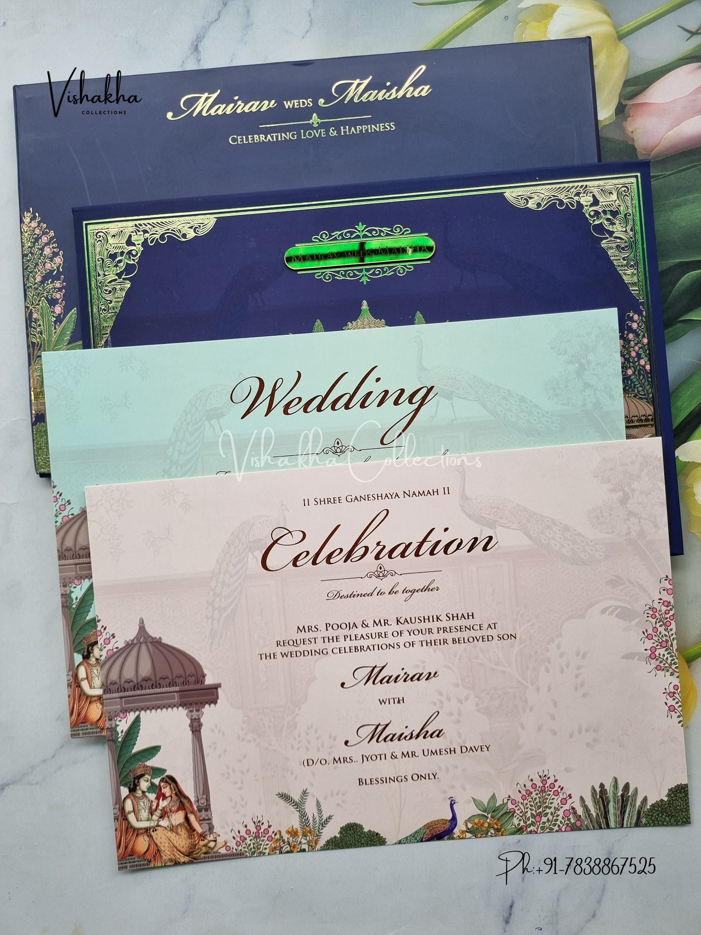 Peacock Hindu Muslim Christian Sikh Padded navy blue Colored invitation Cards SK-3452