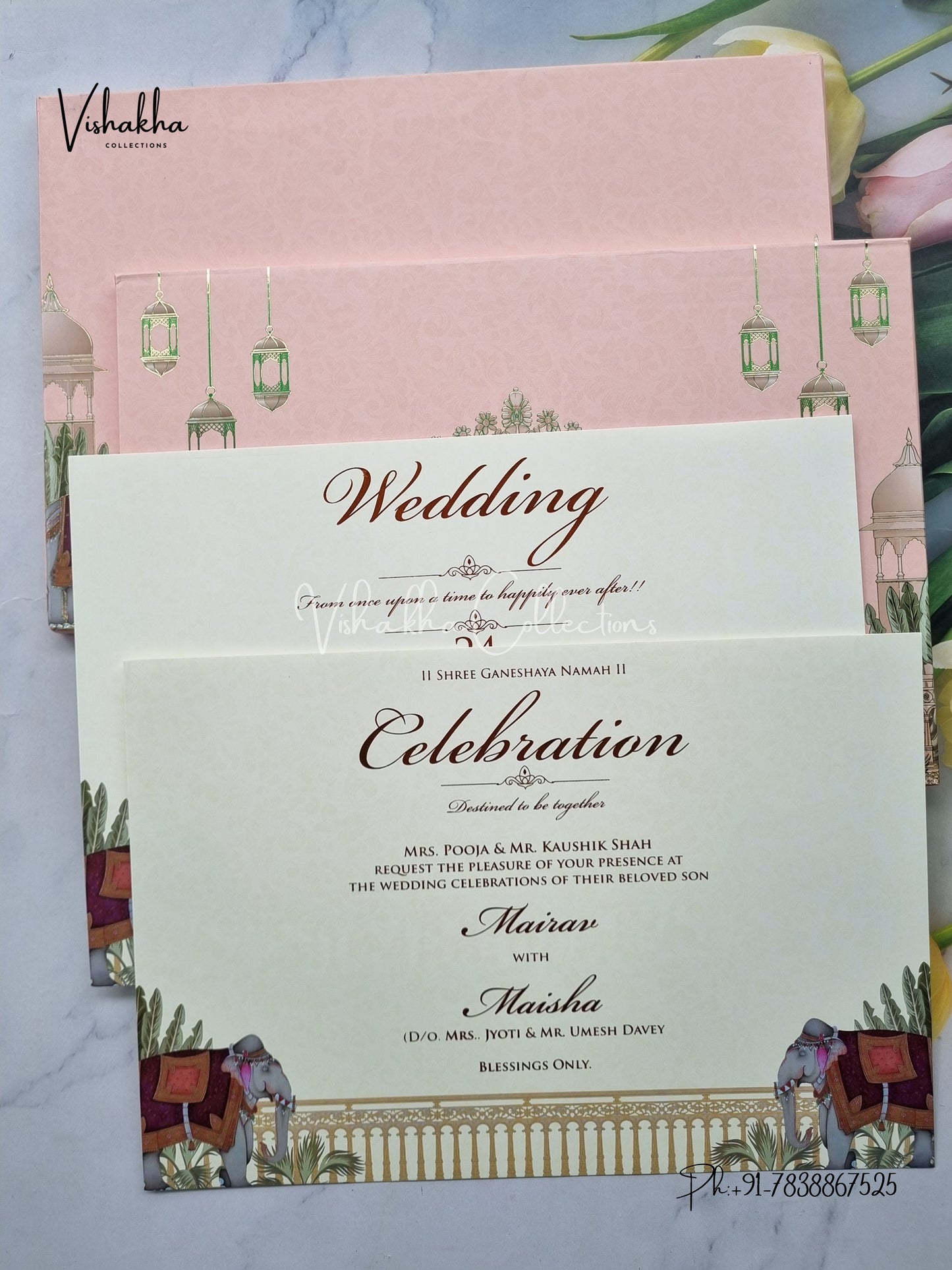 Hathi Hindu Muslim Christian Sikh Padded peach Colored invitation Cards SK-3453