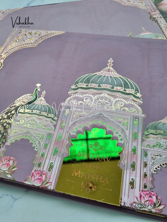 Peacock Hindu Muslim Christian Sikh Padded liliac Colored invitation Cards SK-3454