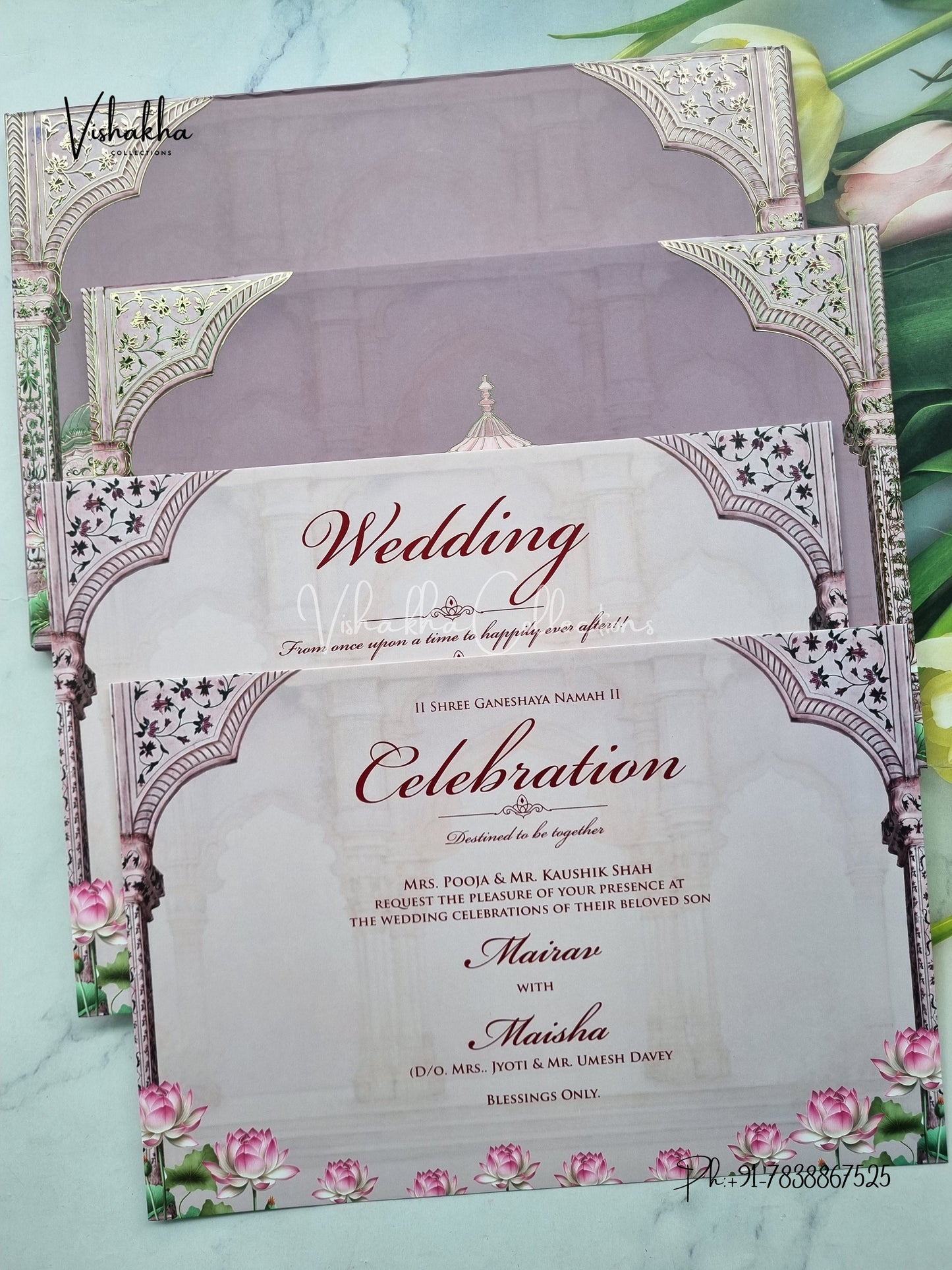 Peacock Hindu Muslim Christian Sikh Padded liliac Colored invitation Cards SK-3454