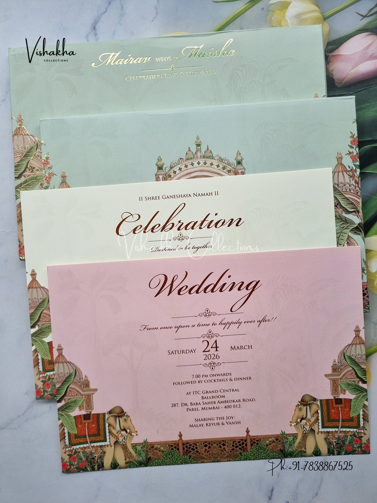 Hathi Hindu Muslim Christian Sikh Padded pista green Colored invitation Cards SK-3455