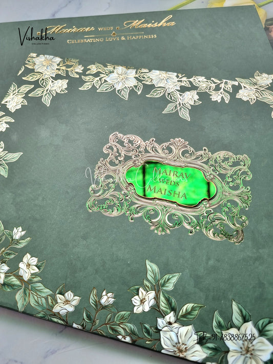 Hindu Muslim Christian Sikh Padded dark green Colored invitation Cards SK-3456