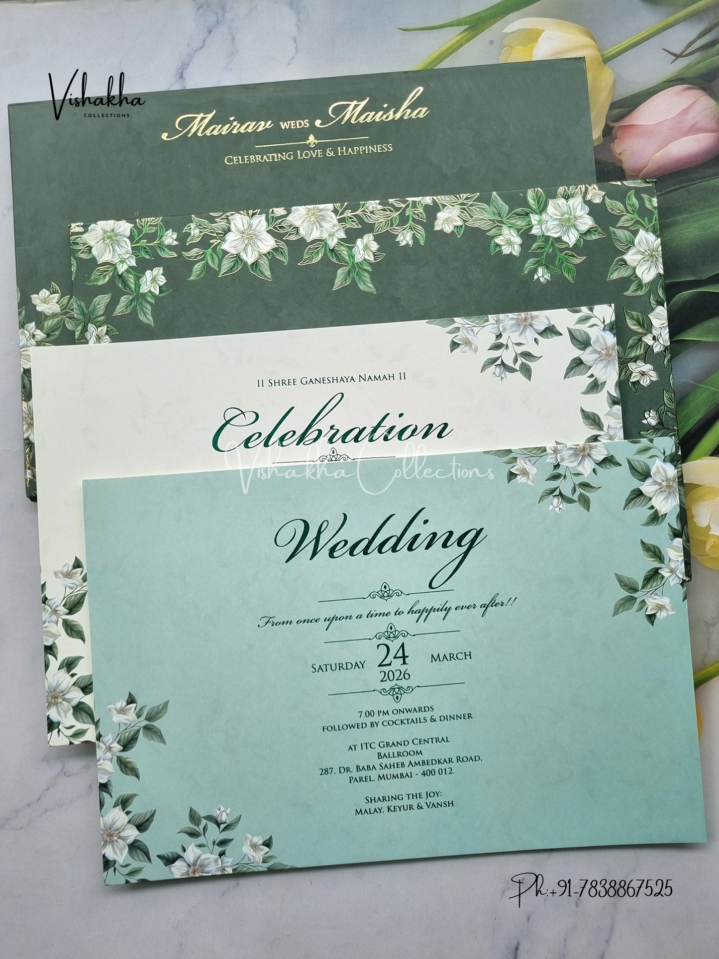 Hindu Muslim Christian Sikh Padded dark green Colored invitation Cards SK-3456