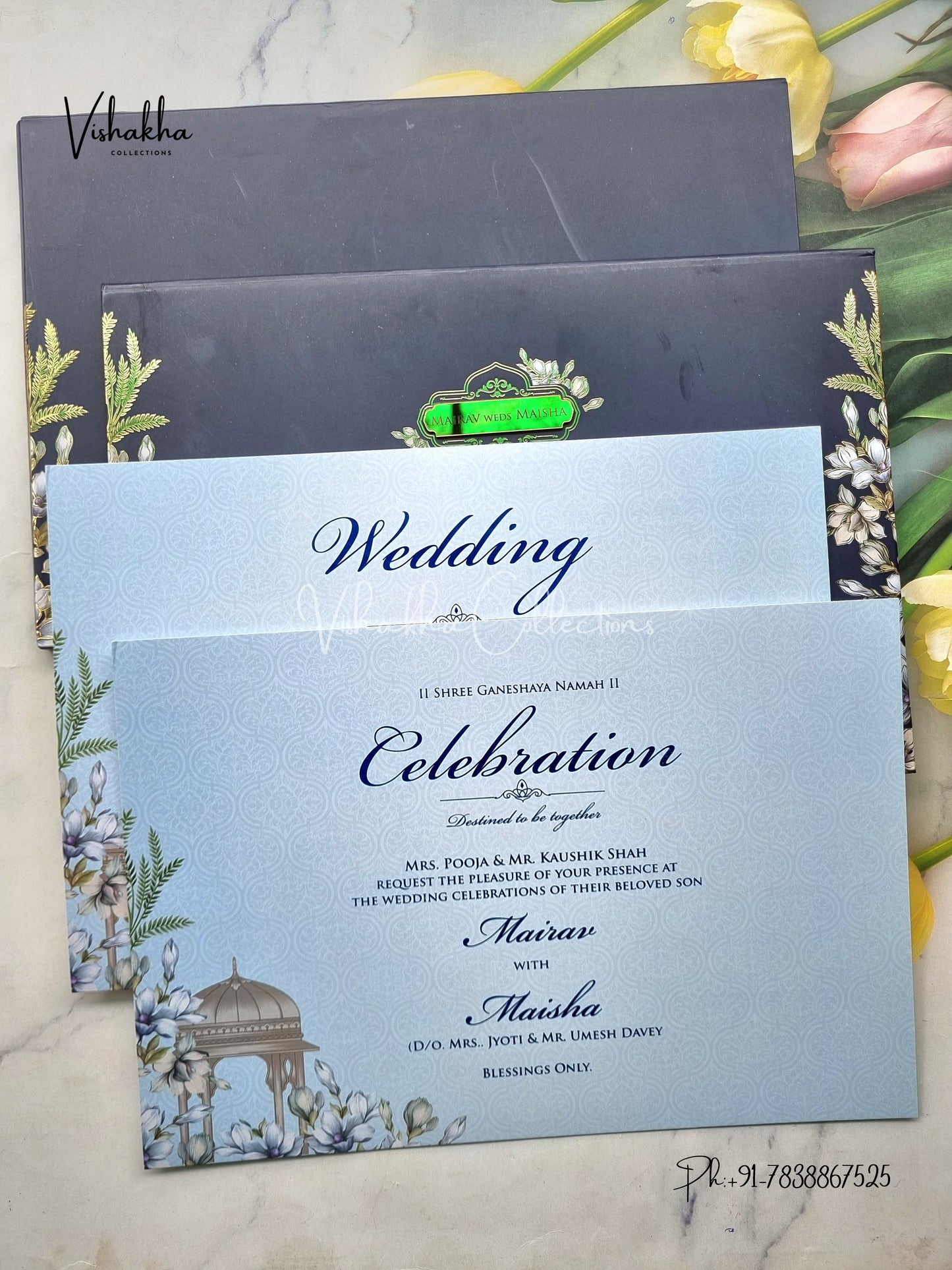 Hindu Muslim Christian Sikh Padded dark blue Colored invitation Cards SK-3457