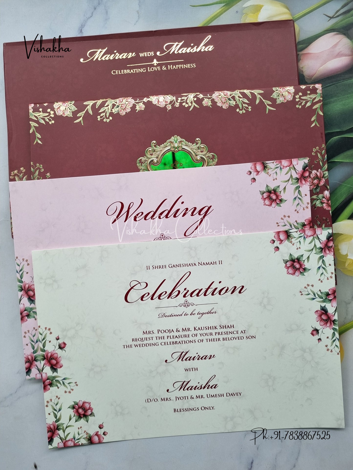 Hindu Muslim Christian Sikh Padded dark mehroon Colored invitation Cards SK-3460