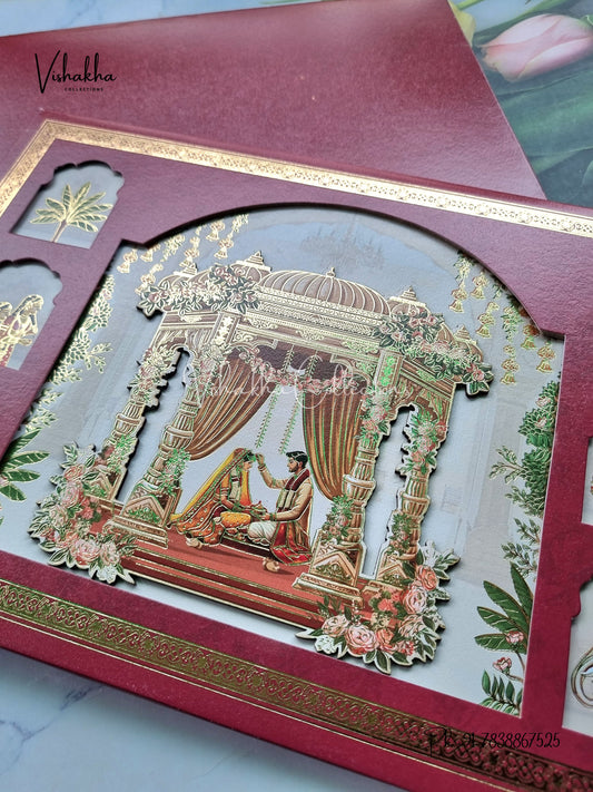 Hathi Hindu Muslim Christian Sikh Padded MDF Board Laser Cut mehroon Colored invitation Cards SK-3462