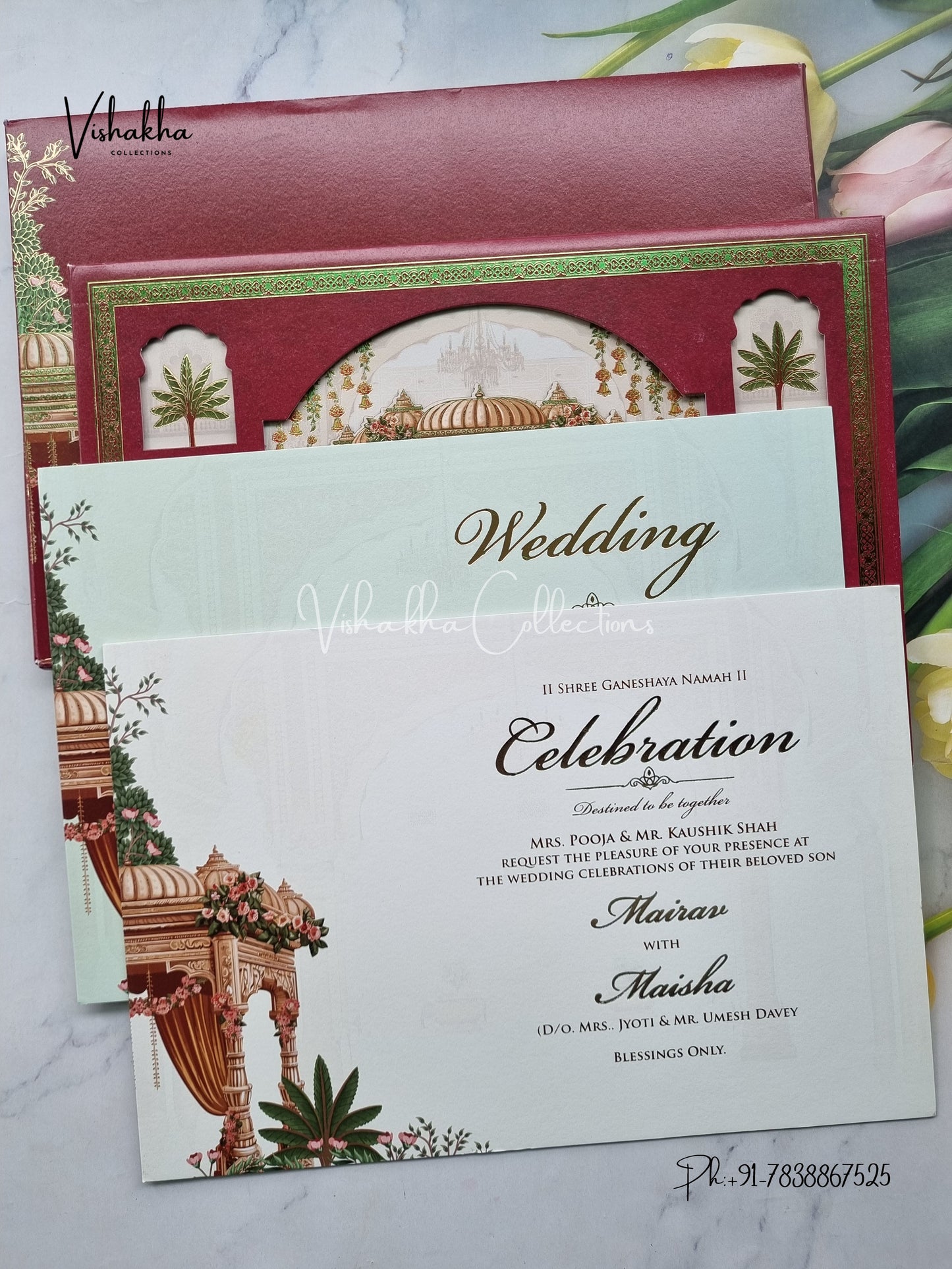 Hathi Hindu Muslim Christian Sikh Padded MDF Board Laser Cut mehroon Colored invitation Cards SK-3462