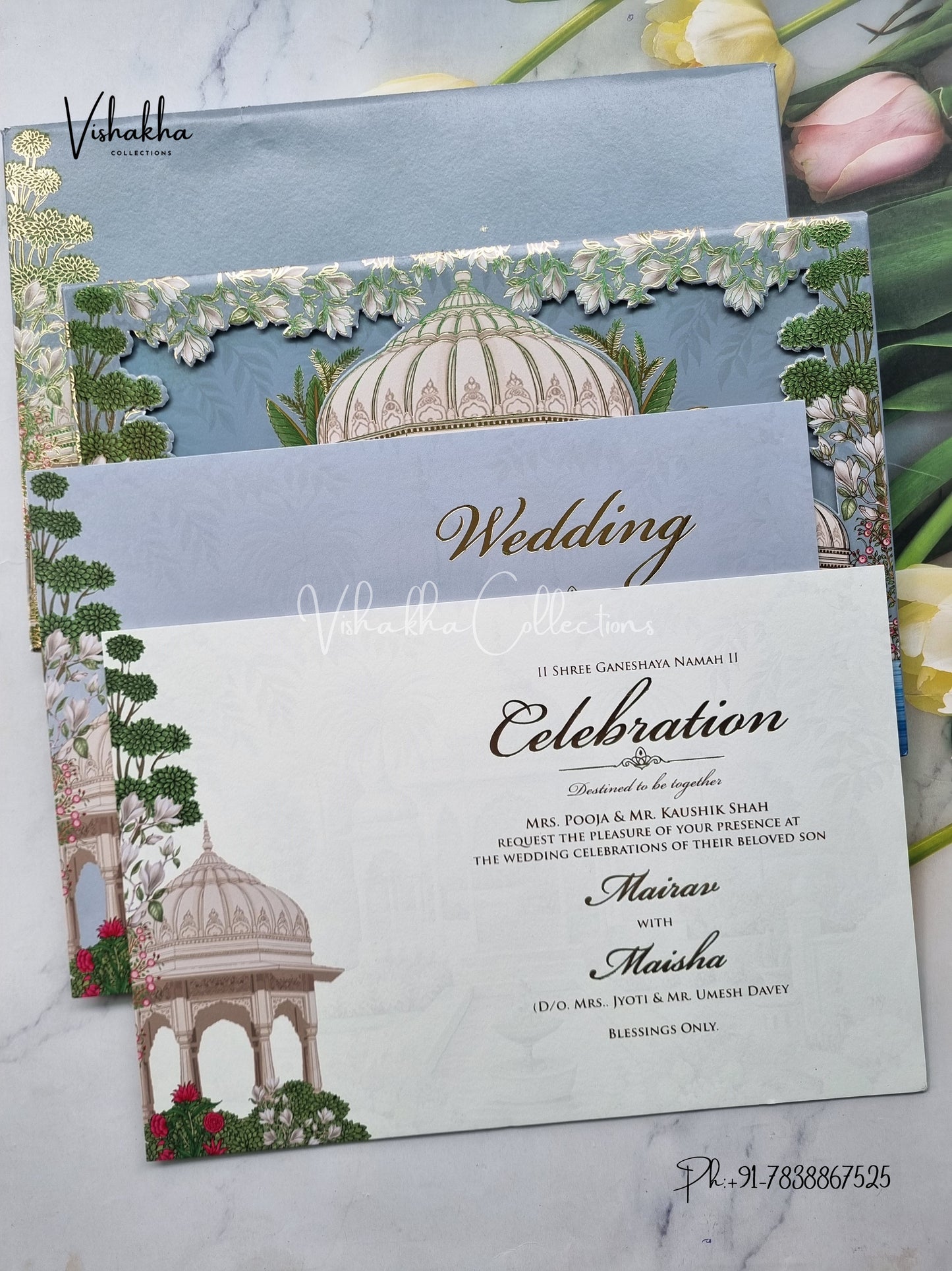 Hindu Muslim Christian Sikh Padded MDF Board Laser Cut greyish blue Colored invitation Cards SK-3463