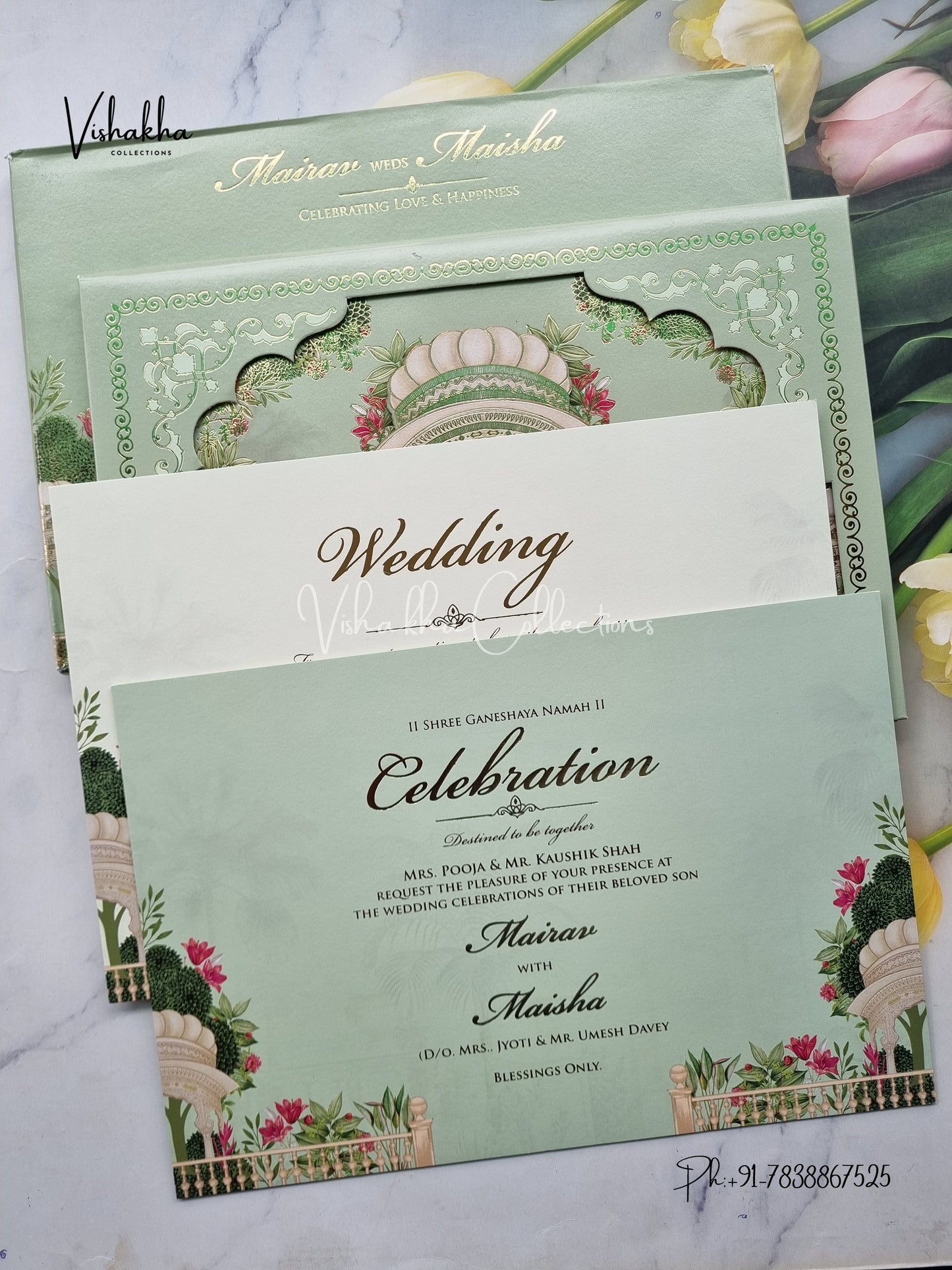 Hindu Muslim Christian Sikh Padded pista green Colored invitation Cards SK-3465