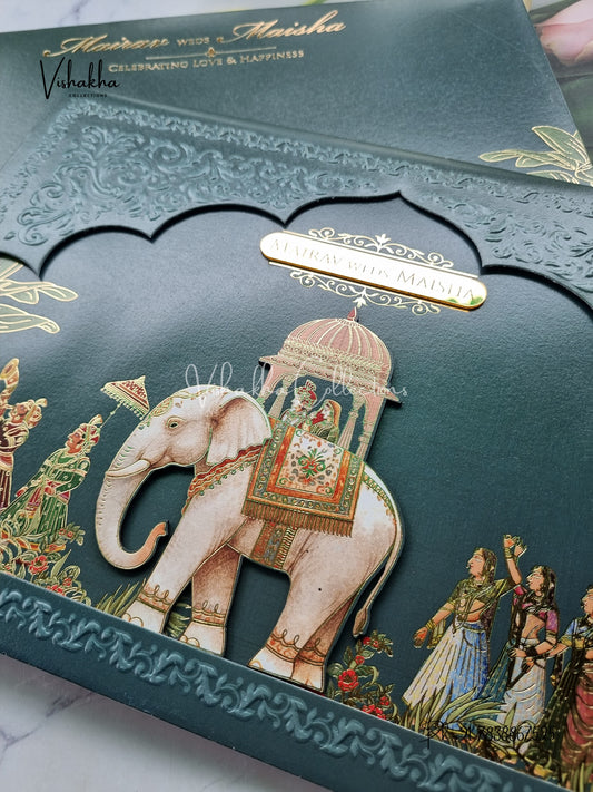 Hathi Hindu Muslim Christian Sikh Padded dark green Colored invitation Cards SK-3466