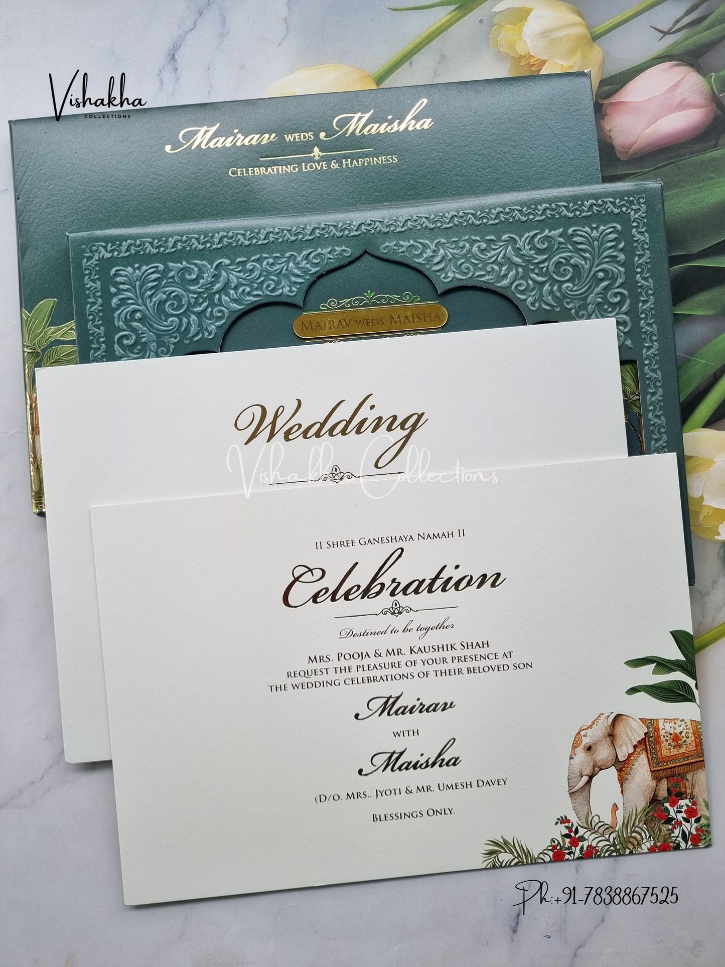 Hathi Hindu Muslim Christian Sikh Padded dark green Colored invitation Cards SK-3466