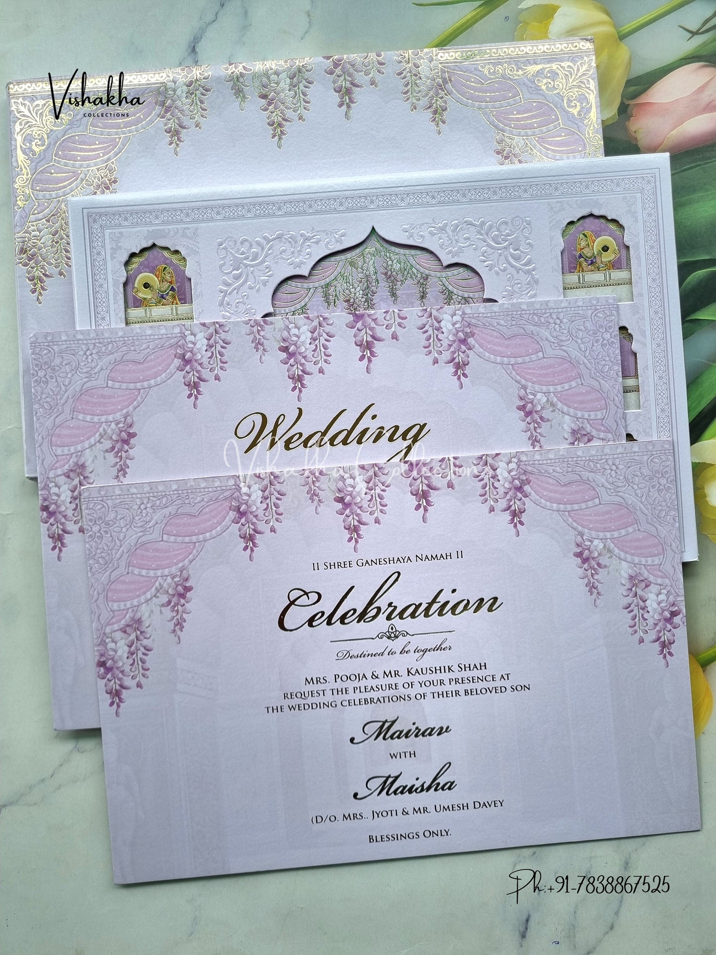 Hindu Muslim Christian Sikh Padded liliac Colored invitation Cards SK-3467