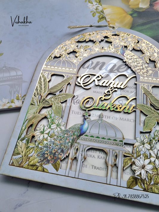 Peacock Semi Box Flower Hindu Muslim Christian Sikh Named MDF Laser Cut blue Colored invitation Cards SK-3469