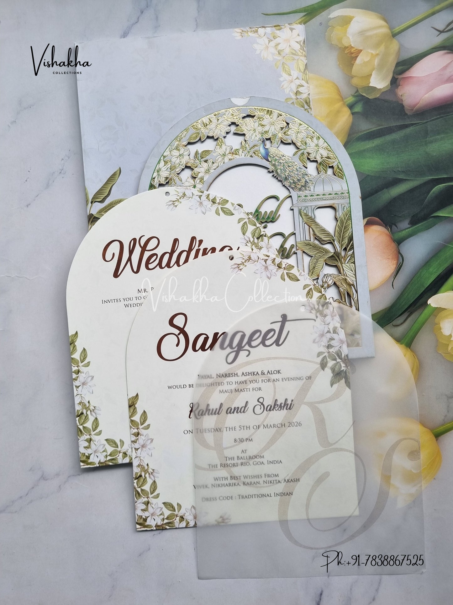 Peacock Semi Box Flower Hindu Muslim Christian Sikh Named MDF Laser Cut blue Colored invitation Cards SK-3469