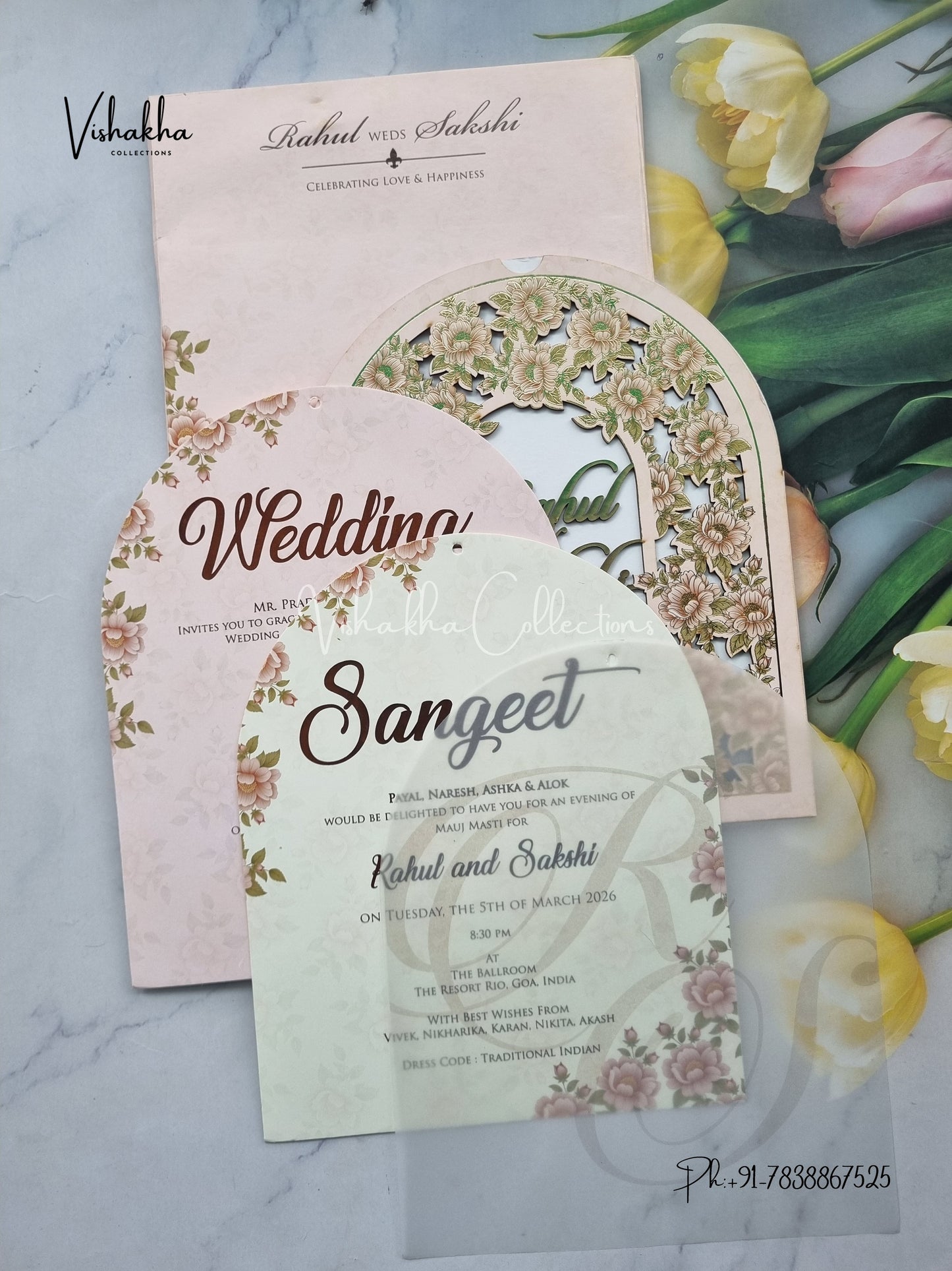 Semi Box Flower Hindu Muslim Christian Sikh Named MDF Laser Cut Vellum Paper pink Colored invitation Cards SK-3470