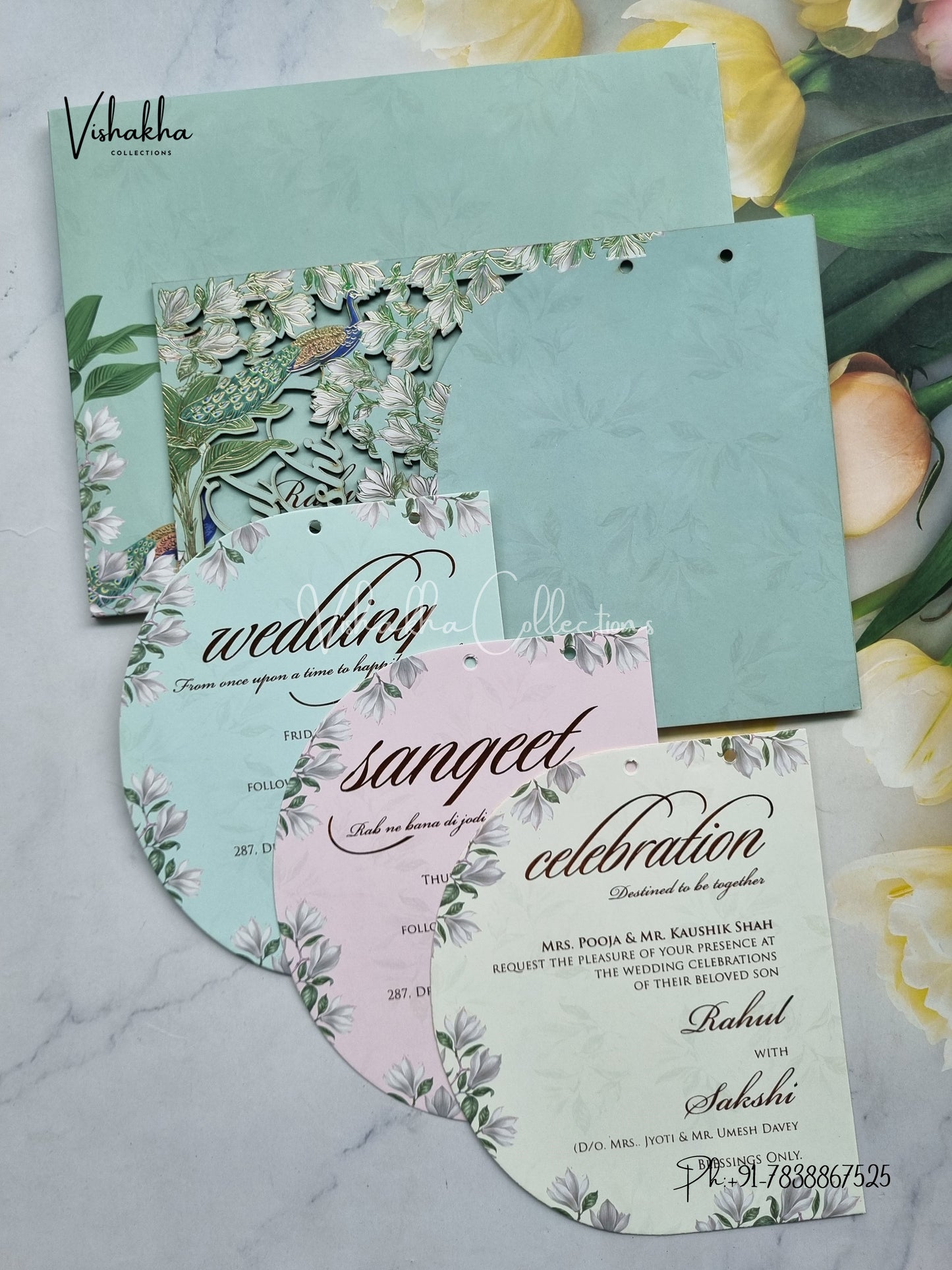 Peacock Semi Box Flower Hindu Muslim Christian Sikh Named MDF Laser Cut pista green Colored invitation Cards SK-3473