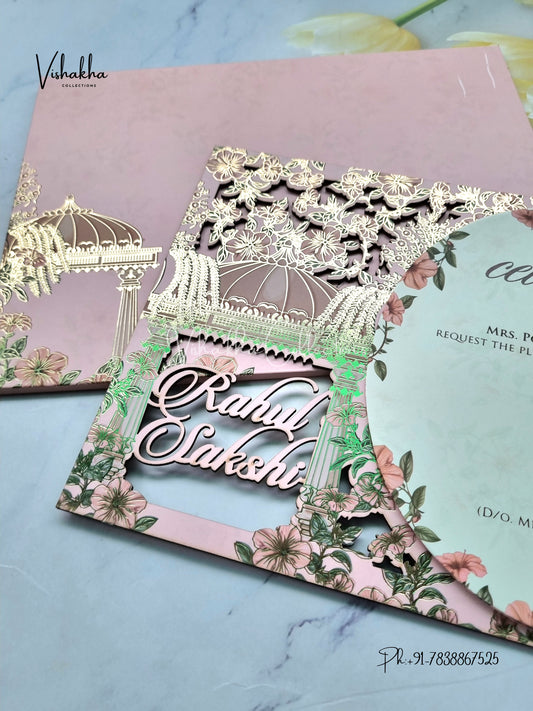 Semi Box Flower Hindu Muslim Christian Sikh Named MDF Laser Cut Pink Colored invitation Cards SK-3474