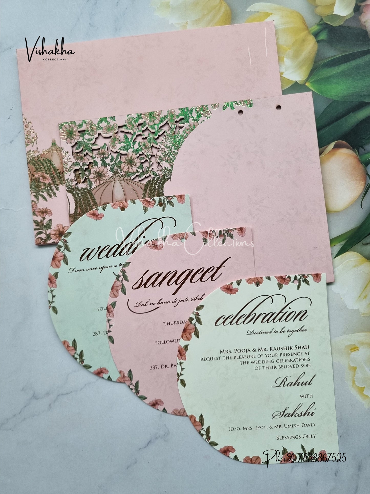 Semi Box Flower Hindu Muslim Christian Sikh Named MDF Laser Cut Pink Colored invitation Cards SK-3474