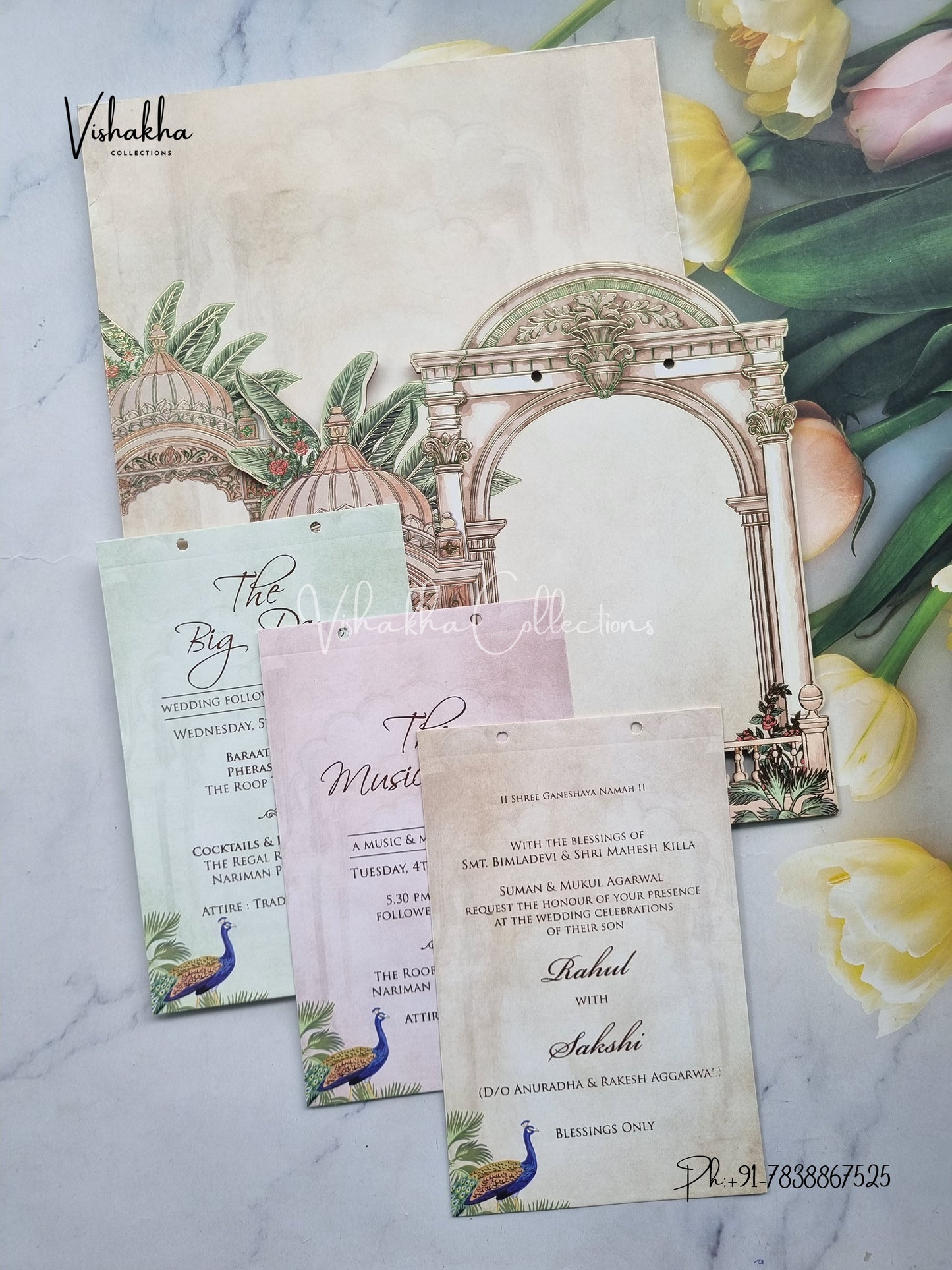 Peacock Semi Box Hindu Muslim Christian Sikh Named MDF Laser Cut light yellow Colored invitation Cards SK-3475