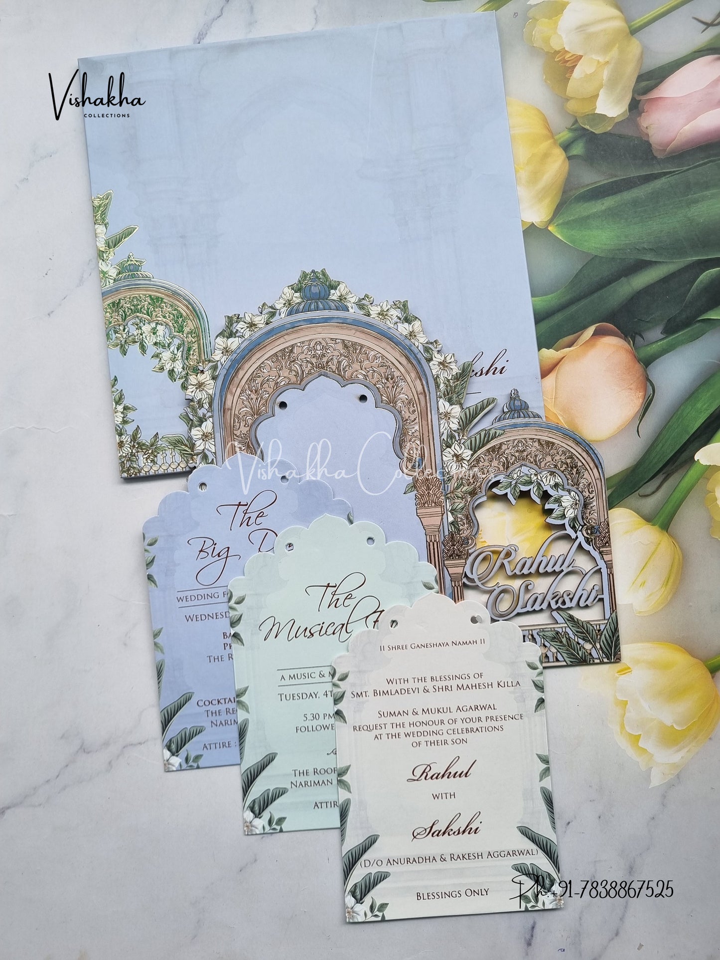 Semi Box Flower Hindu Muslim Christian Sikh Named MDF Laser Cut blue Colored invitation Cards SK-3477