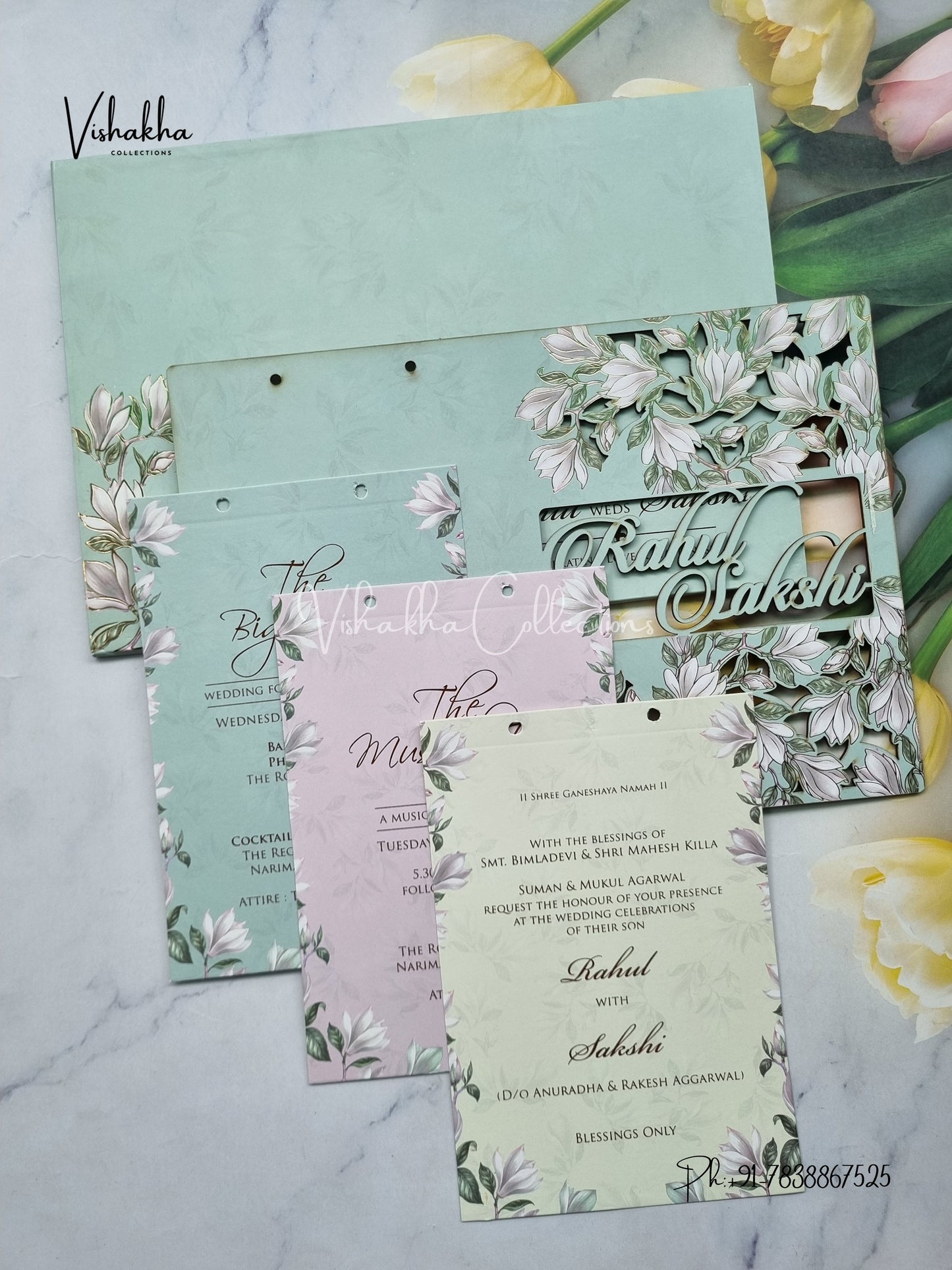 Semi Box Flower Hindu Muslim Christian Sikh Named MDF Laser Cut pista green Colored invitation Cards SK-3478