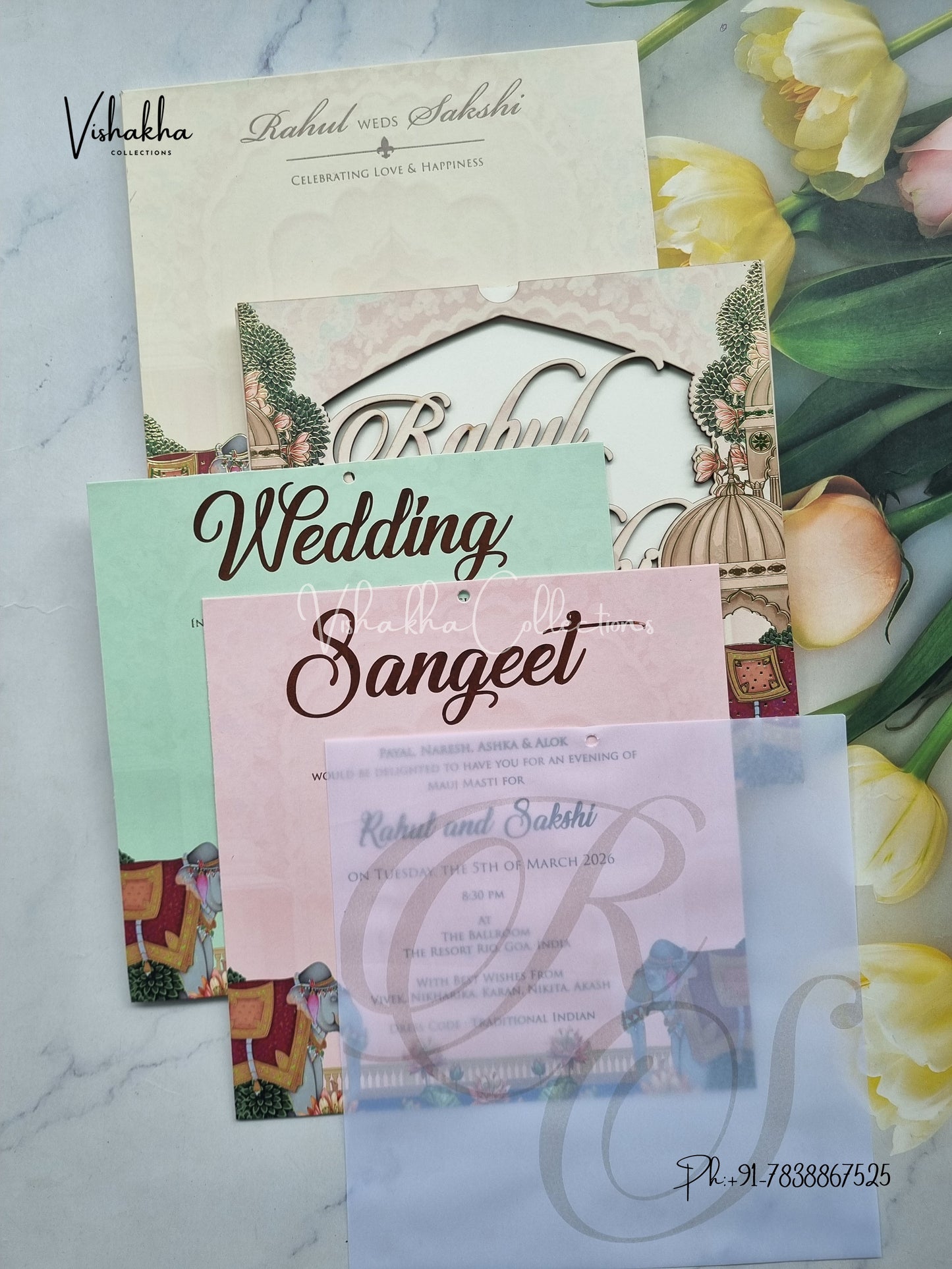 Semi Box Flower Hindu Muslim Christian Sikh Named MDF Laser Cut Vellum Paper light yellow Colored invitation Cards SK-3480