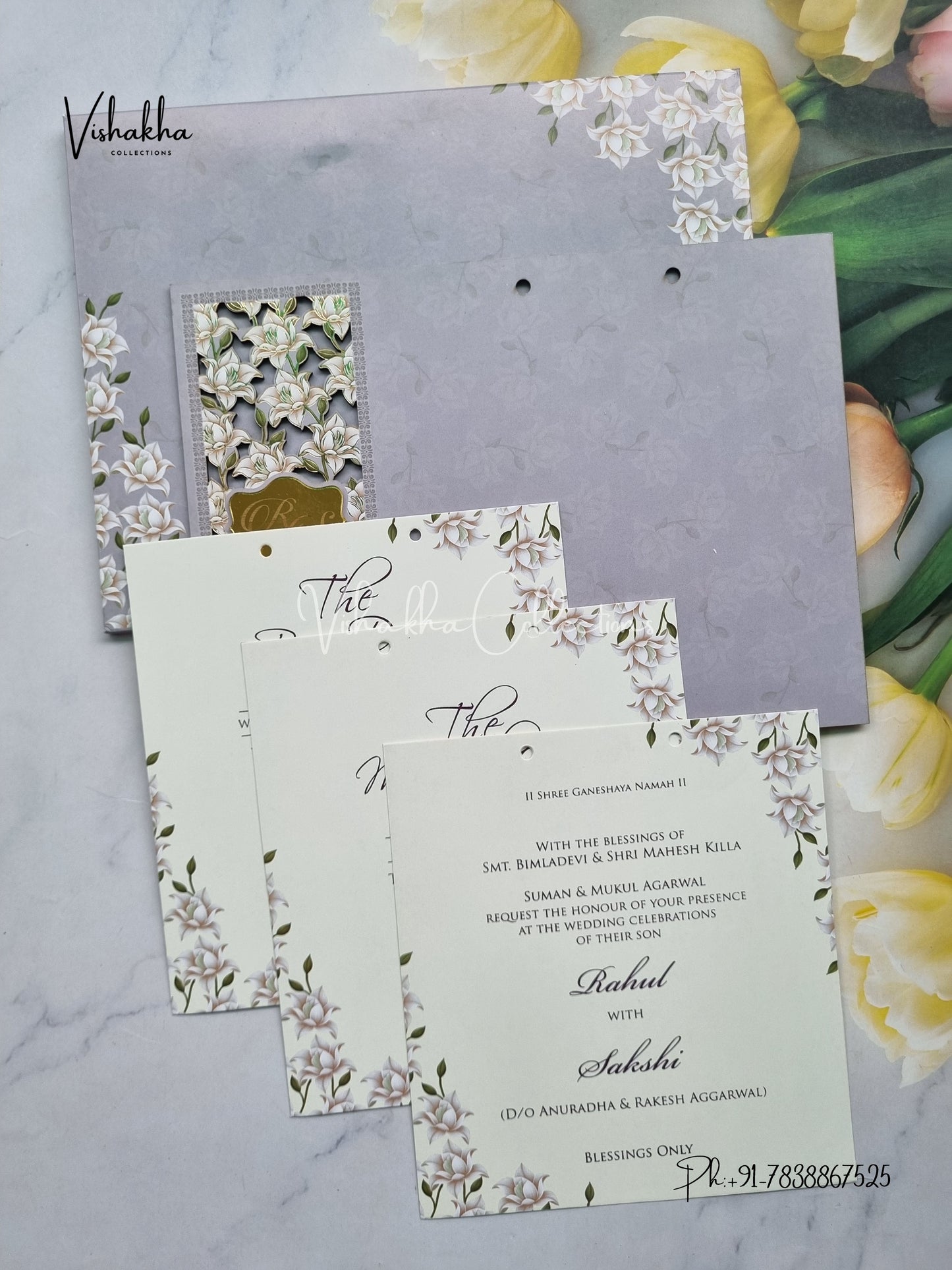 Semi Box Flower Hindu Muslim Christian Sikh Named MDF Laser Cut grey Colored invitation Cards SK-3482