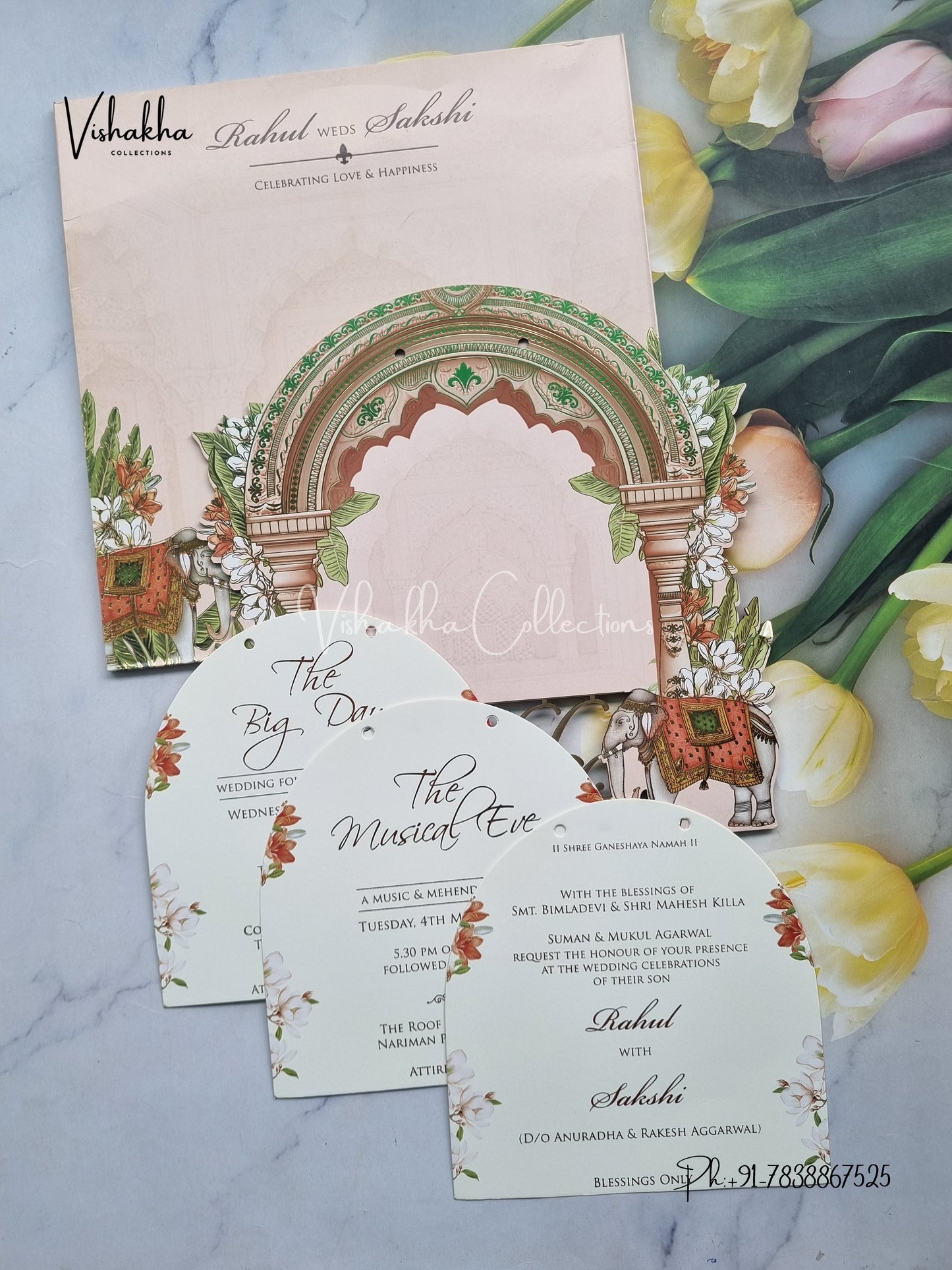 Semi Box Hathi Hindu Muslim Christian Sikh Named MDF Laser Cut peach Colored invitation Cards SK-3483