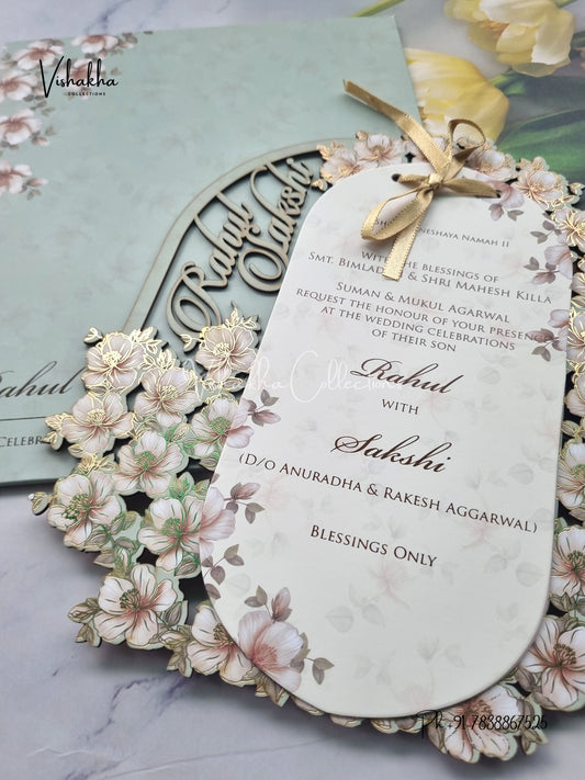 Semi Box Flower Hindu Muslim Christian Sikh Named MDF Laser Cut Vellum Paper light green Colored invitation Cards SK-3484