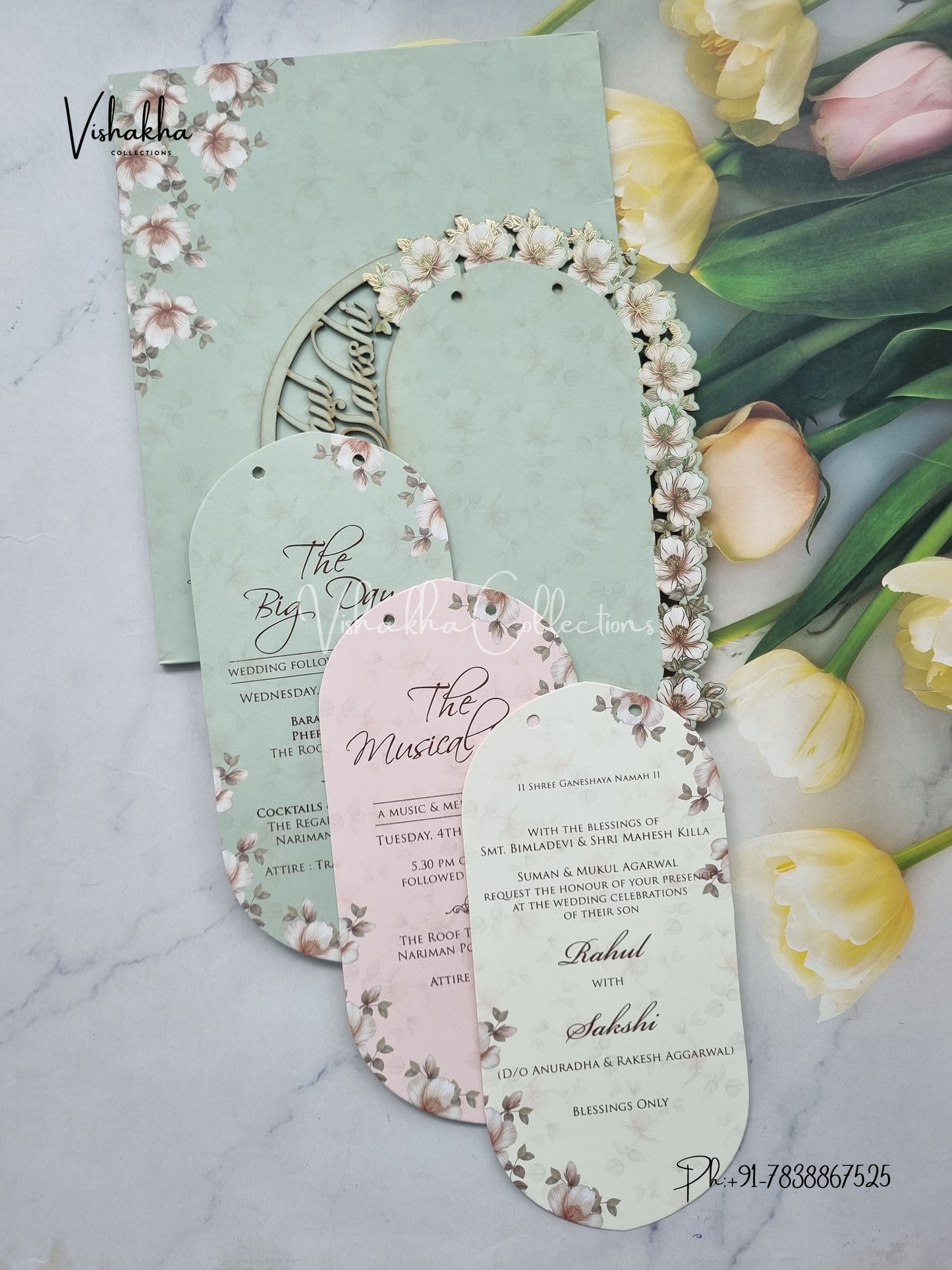 Semi Box Flower Hindu Muslim Christian Sikh Named MDF Laser Cut Vellum Paper light green Colored invitation Cards SK-3484