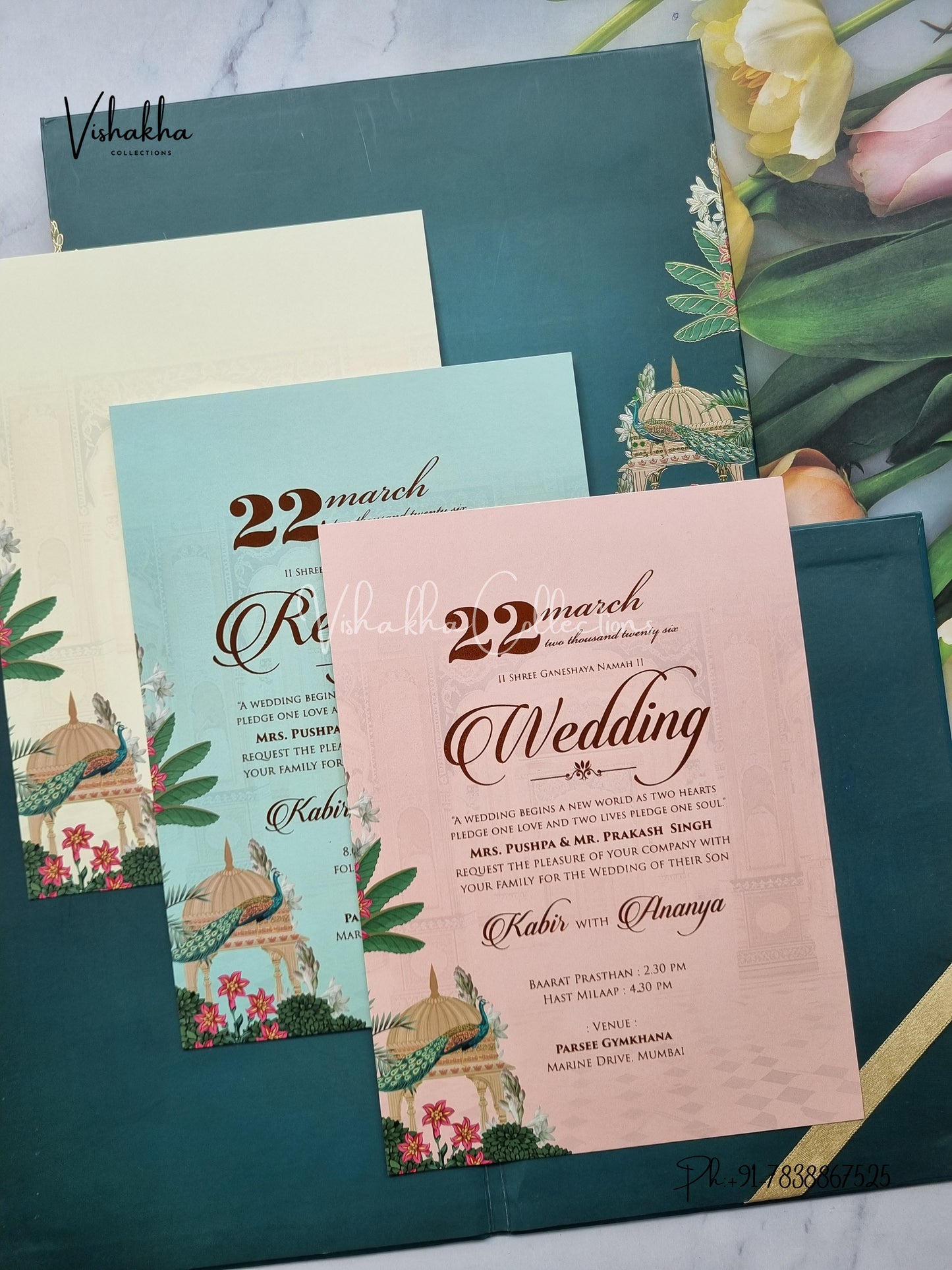 Peacock Hindu Muslim Christian Sikh Padded dark green Colored invitation Cards SK-3485