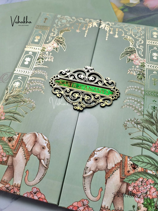 Hathi Hindu Muslim Christian Sikh Padded pista green Colored invitation Cards SK-3486