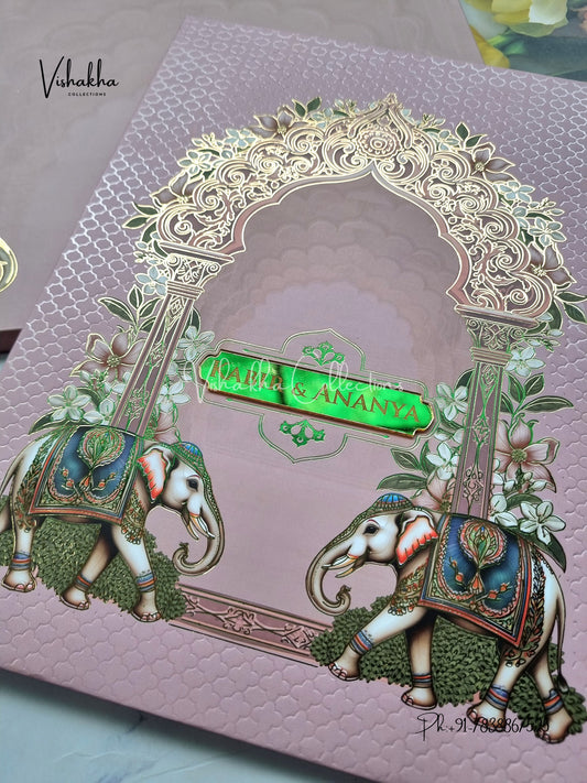 Hathi Hindu Muslim Christian Sikh Padded light purple Colored invitation Cards SK-3487