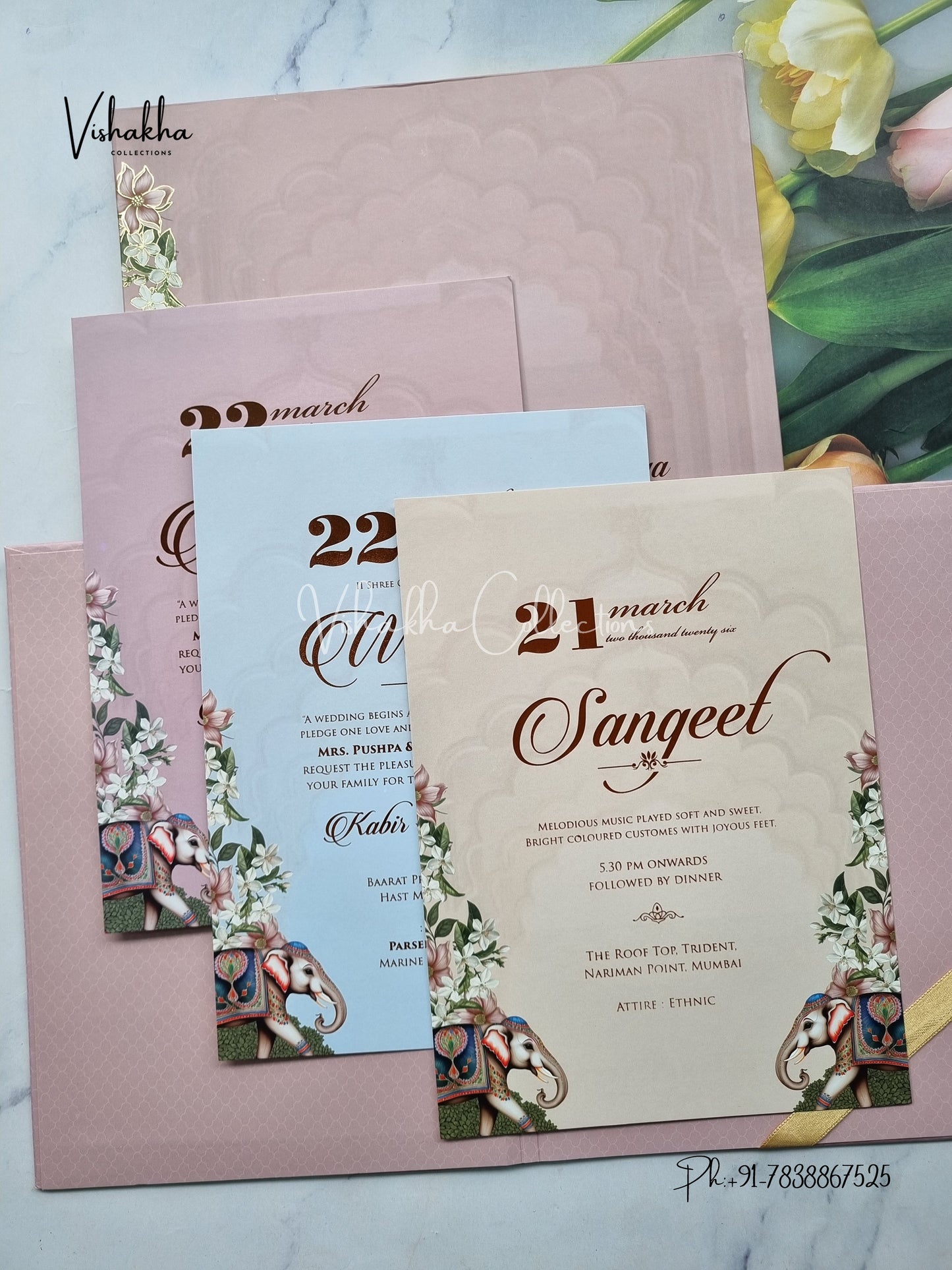 Hathi Hindu Muslim Christian Sikh Padded light purple Colored invitation Cards SK-3487