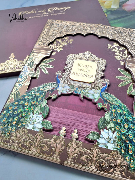 Peacock Hindu Muslim Christian Sikh Padded MDF Board Laser Cut dark mehroon Colored invitation Cards SK-3489