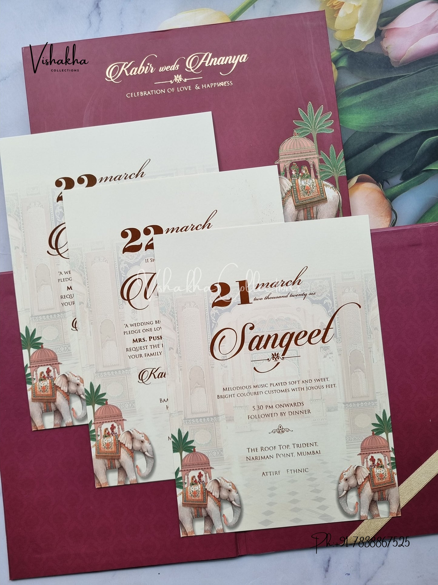 Hathi Hindu Muslim Christian Sikh Padded MDF Board Laser Cut dark mehroon Colored invitation Cards SK-3490