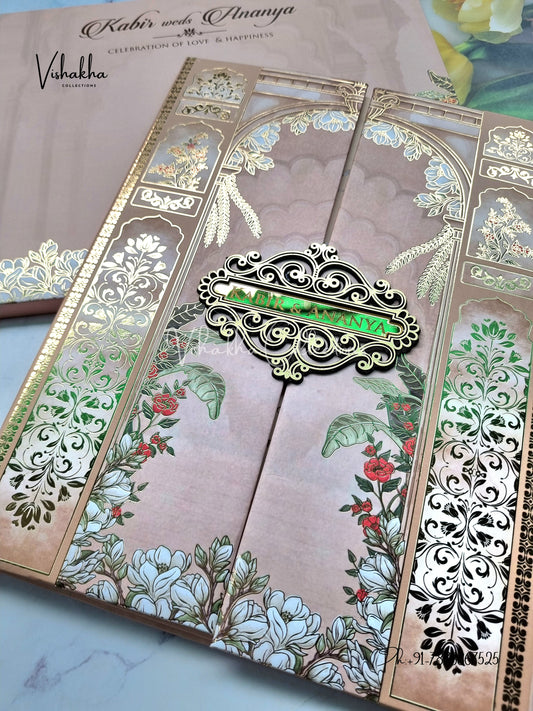 Hindu Muslim Christian Sikh Padded light brown Colored invitation Cards SK-3492